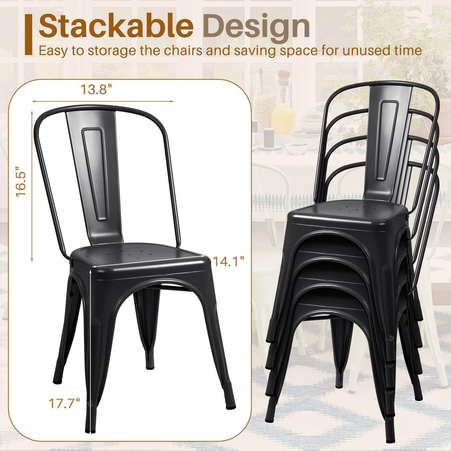 Iron Metal Dining Chairs Stackable Side Chairs Bar Chairs with Back Indoor/Outdoor Classic/Chic/Industrial/Vintage Bistro Trattoria Kitchen Restaurant Matte Black, Set of 4