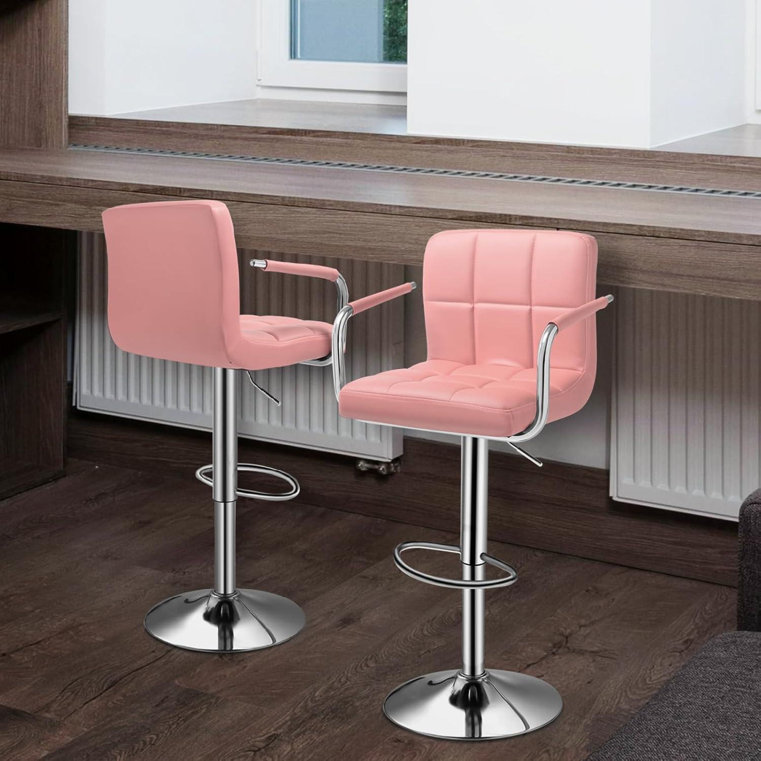 Pink Adjustable Leather Swivel Bar Stools with Chrome Base, Set of 2