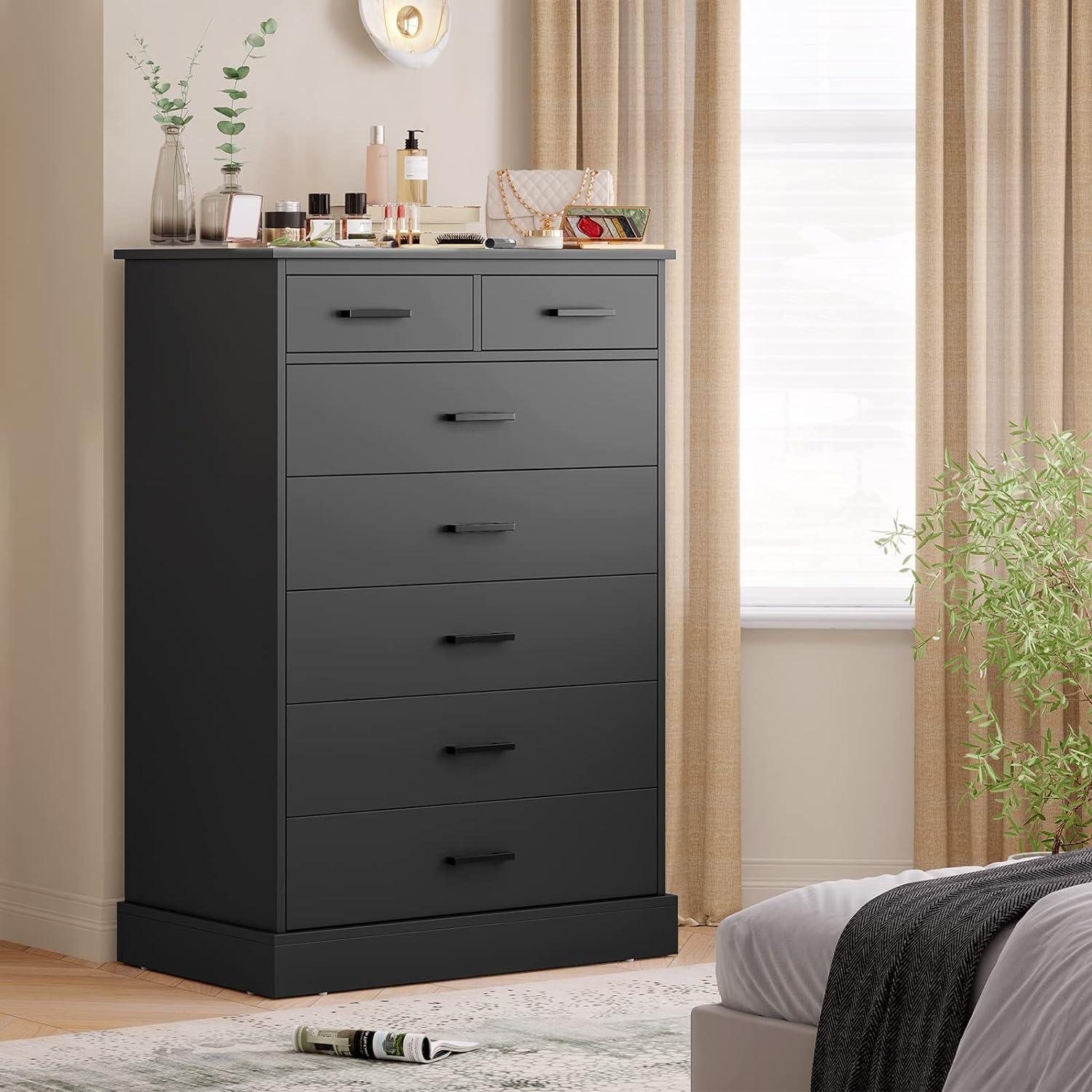 Black 7 Drawers Dresser for Bedroom,Wood Storage Tower, Chest of 7 Drawers, Large Capacity Storage Cabinet, Tall Dresser for Bedroom Hallway Entryway