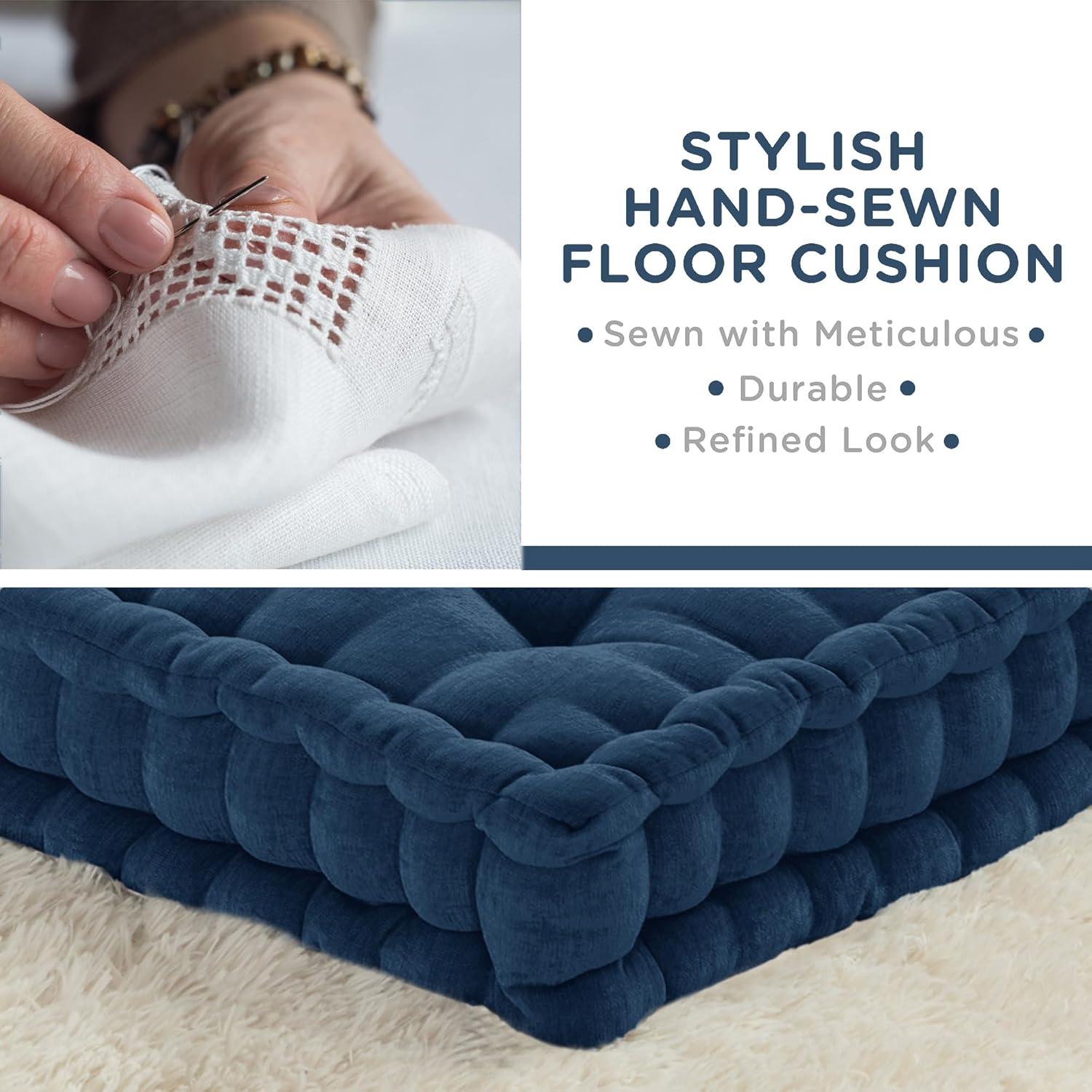 Navy Blue Tufted Chenille Square Floor Pillow with Memory Foam