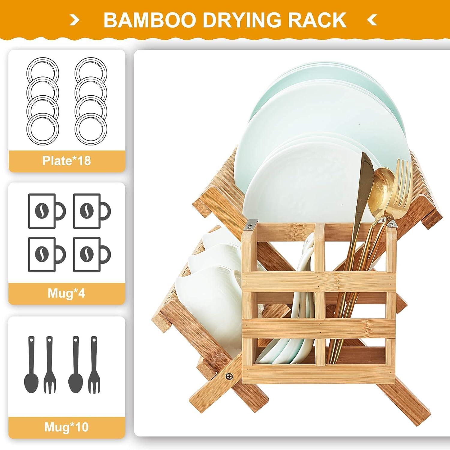 Foldable Bamboo 2-Tier Dish Drying Rack with Utensil Holder