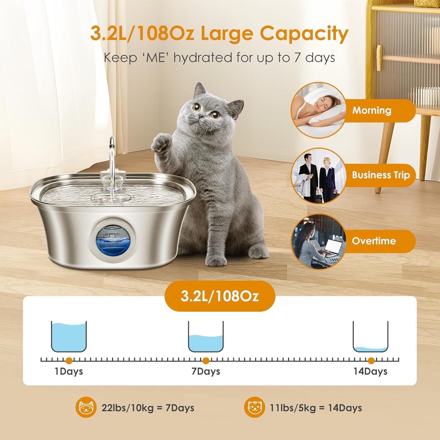 Stainless Steel 3.2L Cat Water Fountain with Water Level Window