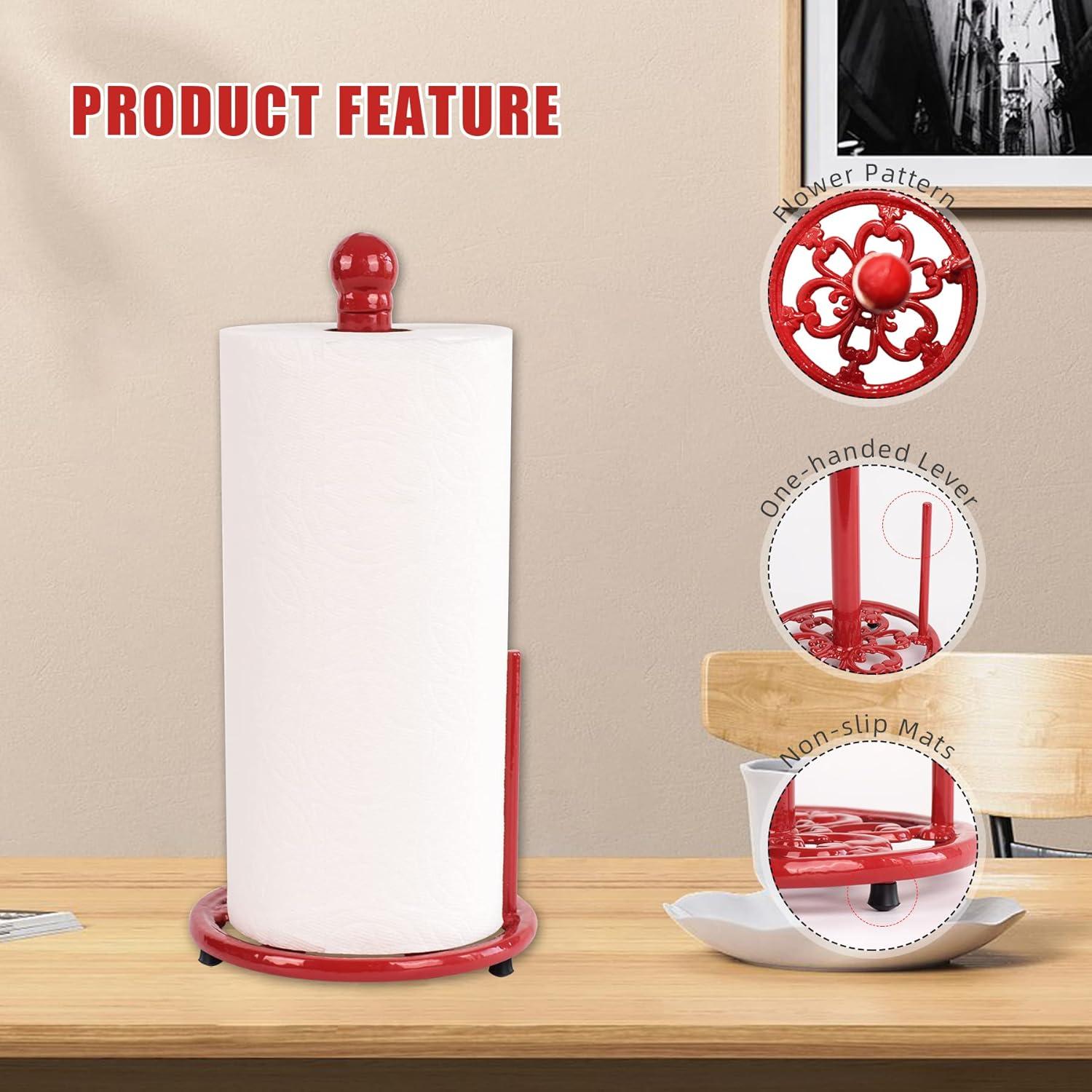 Vintage Paper Towel Holder Countertop - Cast Iron Standing Roll Paper Towel Dispenser with Elegant and Heavy Daffodil Pattern Base for Kitchen Décor, Red