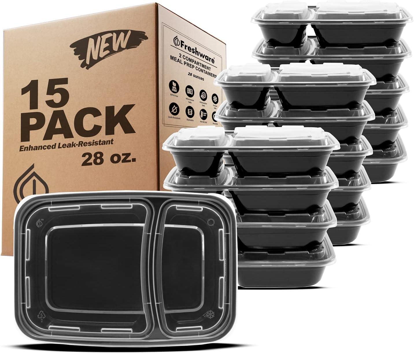 Black BPA-Free Plastic Meal Prep Containers with Divided Storage, 28 oz, Set of 15