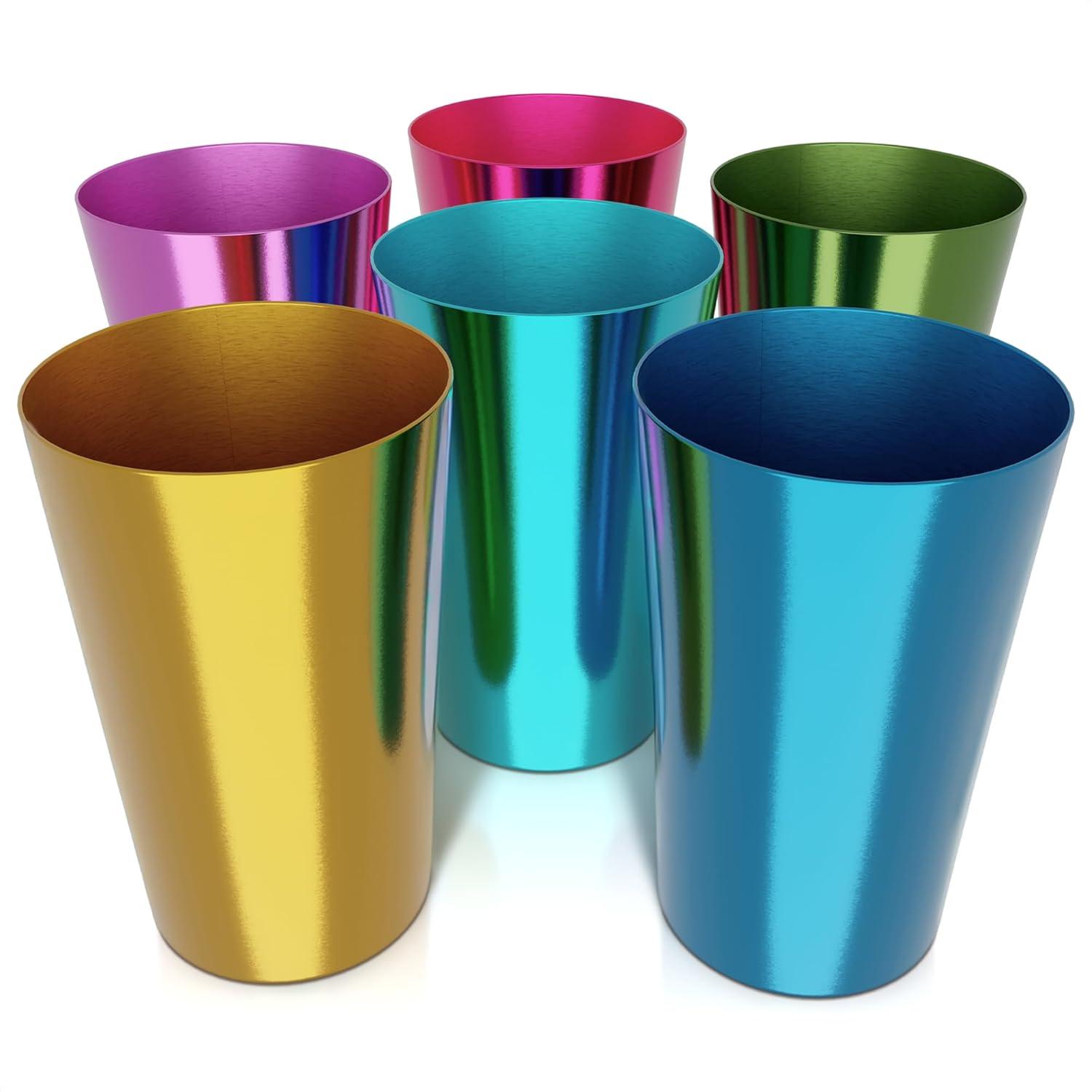 6 Pcs Aluminum Tumblers 15 oz - Lightweight, Durable, and Reusable Metal Cups | Vibrant Festive Colors for Hot and Cold Beverages | Sturdy Anodized Design for Parties and Outdoor Use | Dishwasher Safe