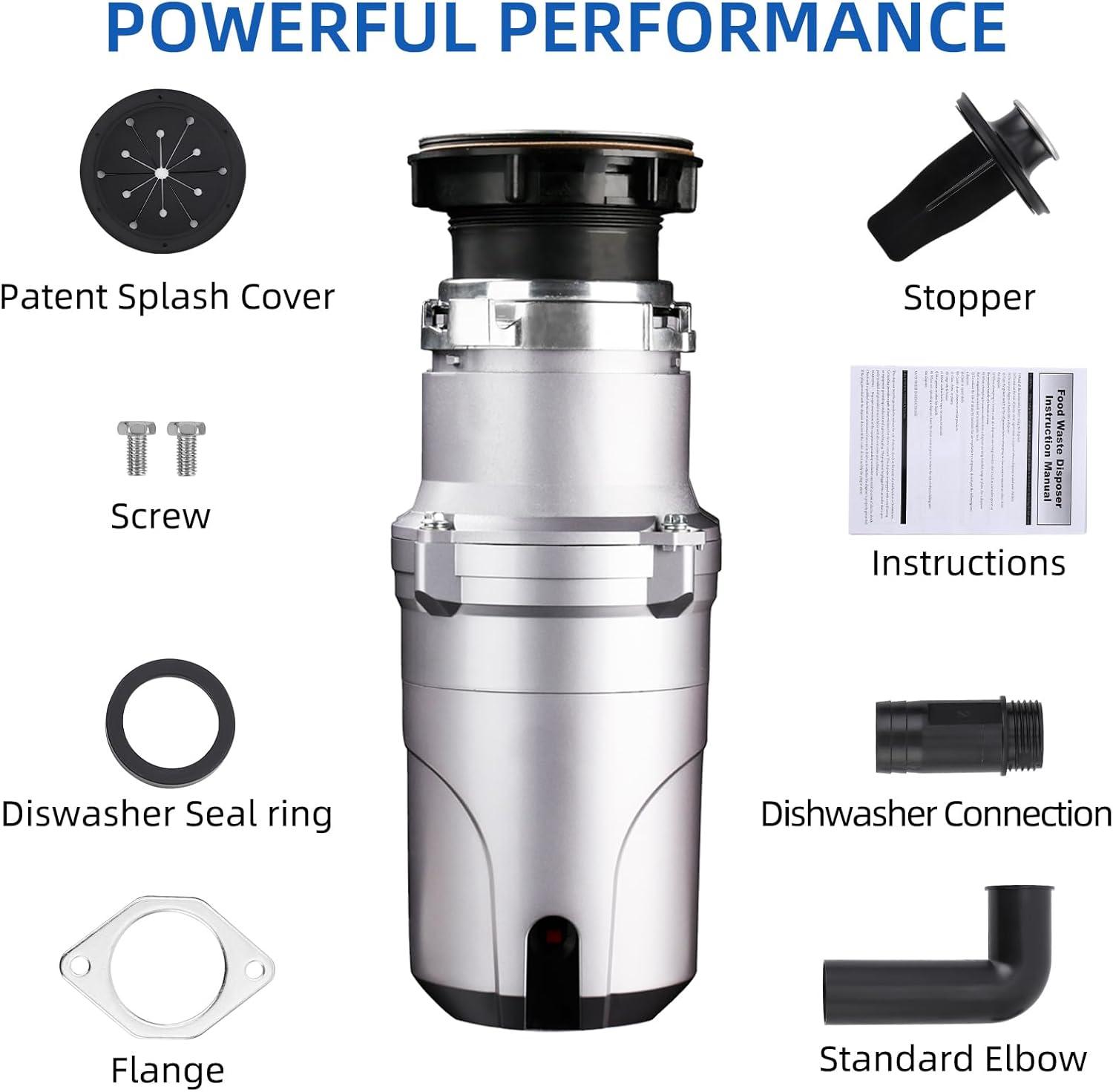 Garbage Disposal 1/2 Hp, Continuous Feed Insulation Food Waste Disposal, 3 Stage Grinding, Silver