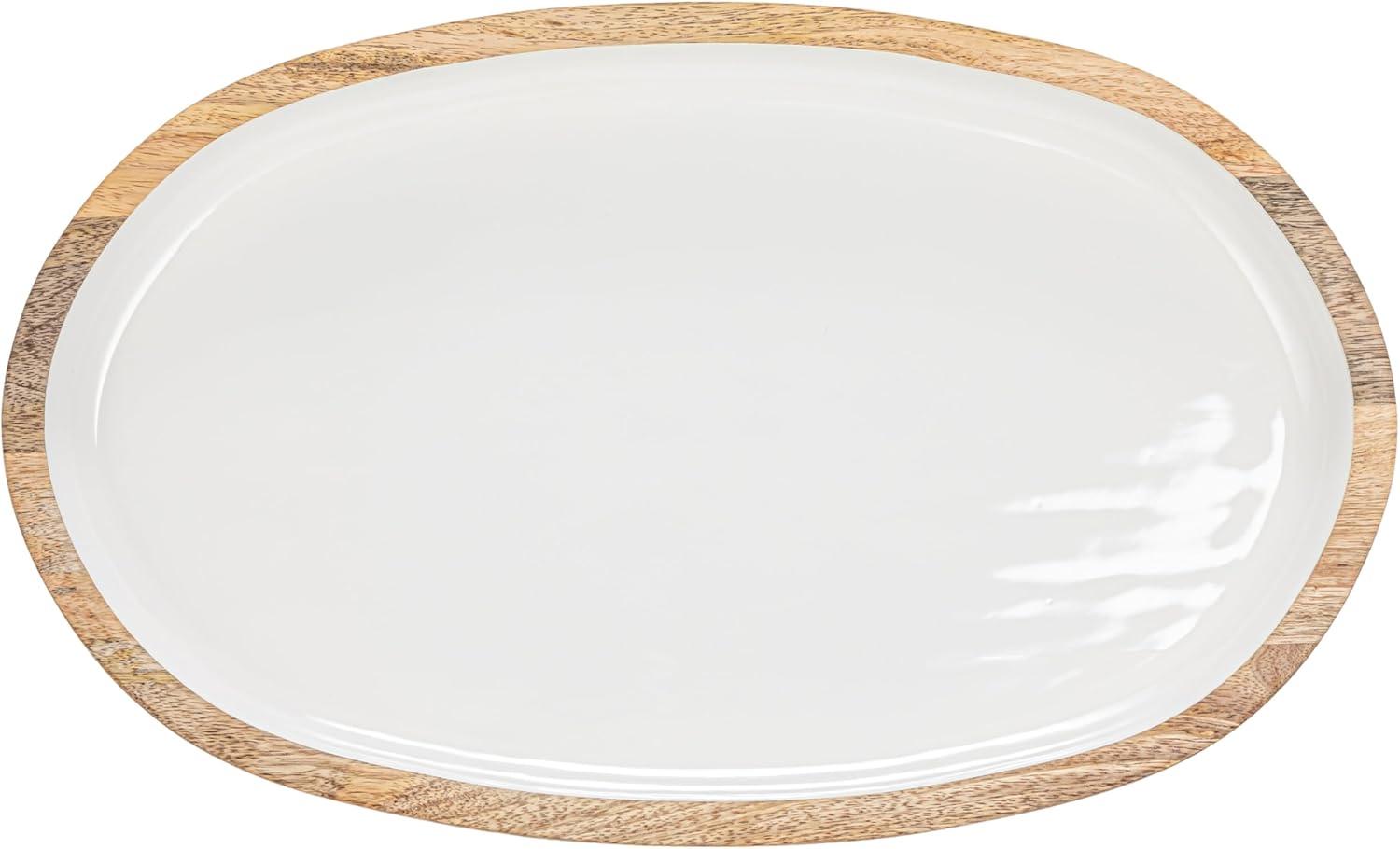 Creative Co-Op Oval Enameled Mango Wood Tray, White and Natural