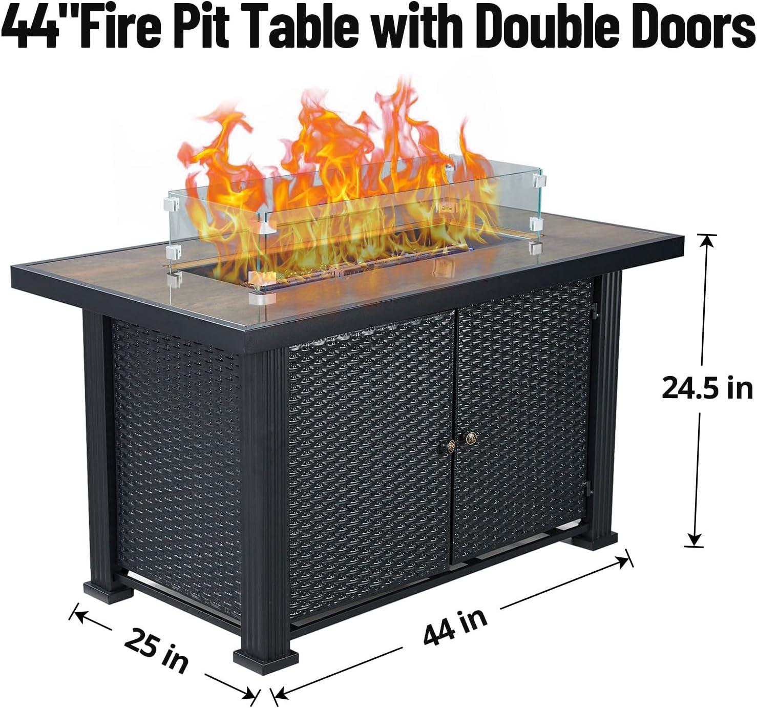 44" Black Steel Gas Fire Pit Table with Glass Wind Guard