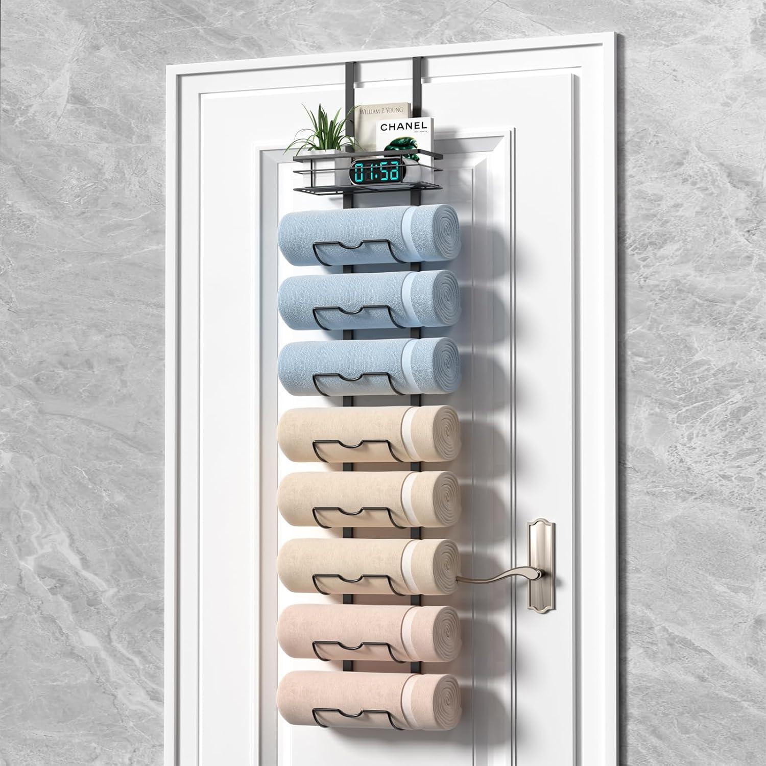 9-Tier Over The Door Towel Rack,Towel Racks for Bathroom, Metal Towel Holder with Storage Basket,Towel Storage for Small Bathroom,Towel Rack for Rolled Towels,Black