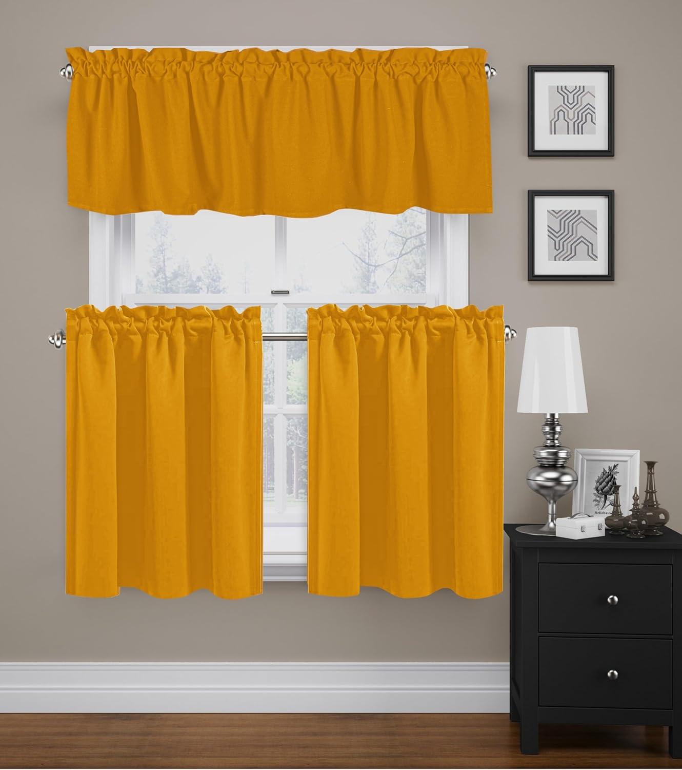 Native Fab 100% Cotton Kitchen Curtain Tiers Valance Set - Rod Pocket style 3 Pack - Mustard Yellow