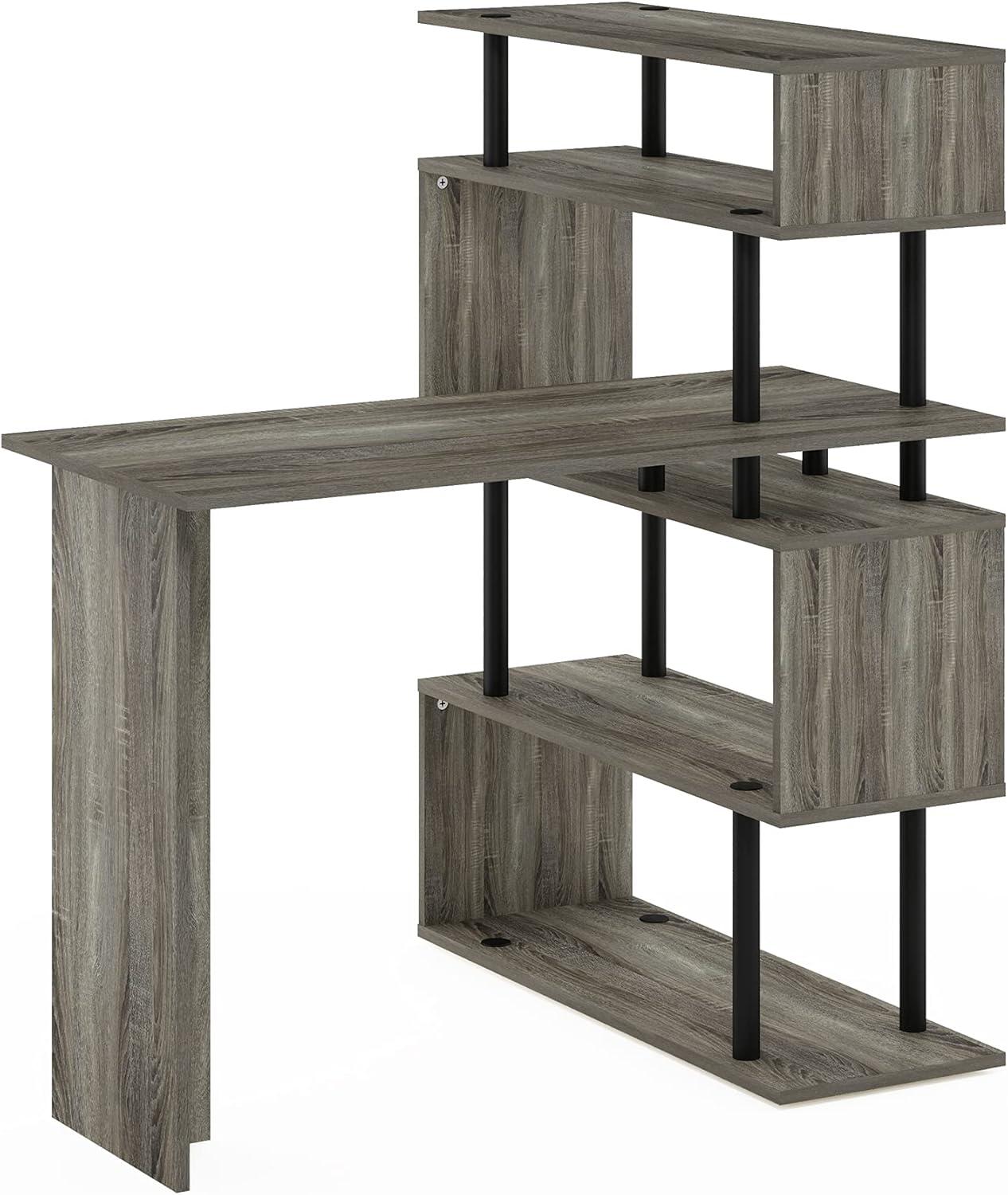 Furinno Moore L-Shape Computer Desk with 5-Tier Shelves, French Oak/Black