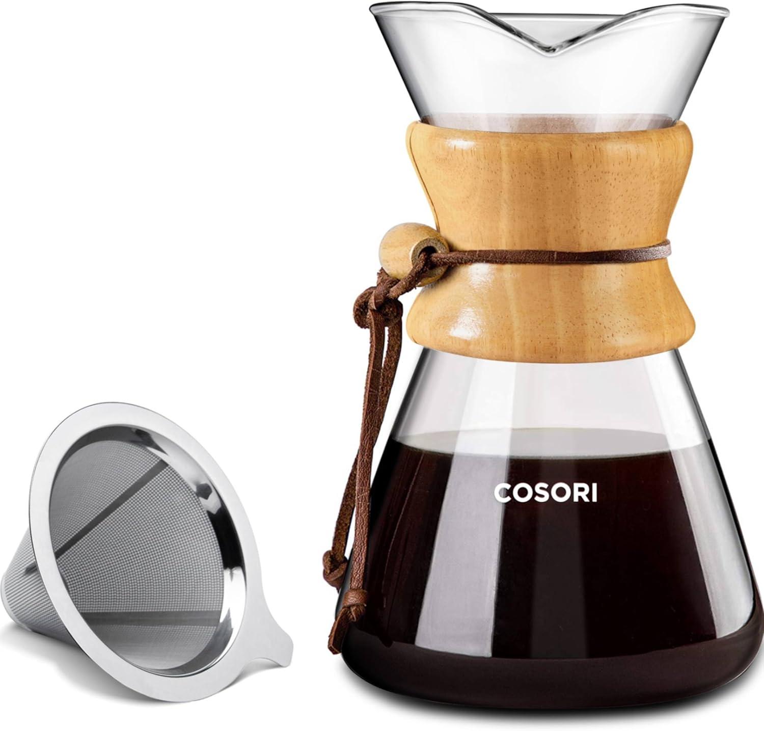 COSORI 8-Cup Glass Pour Over Coffee Maker with Stainless Steel Filter and Wooden Handle