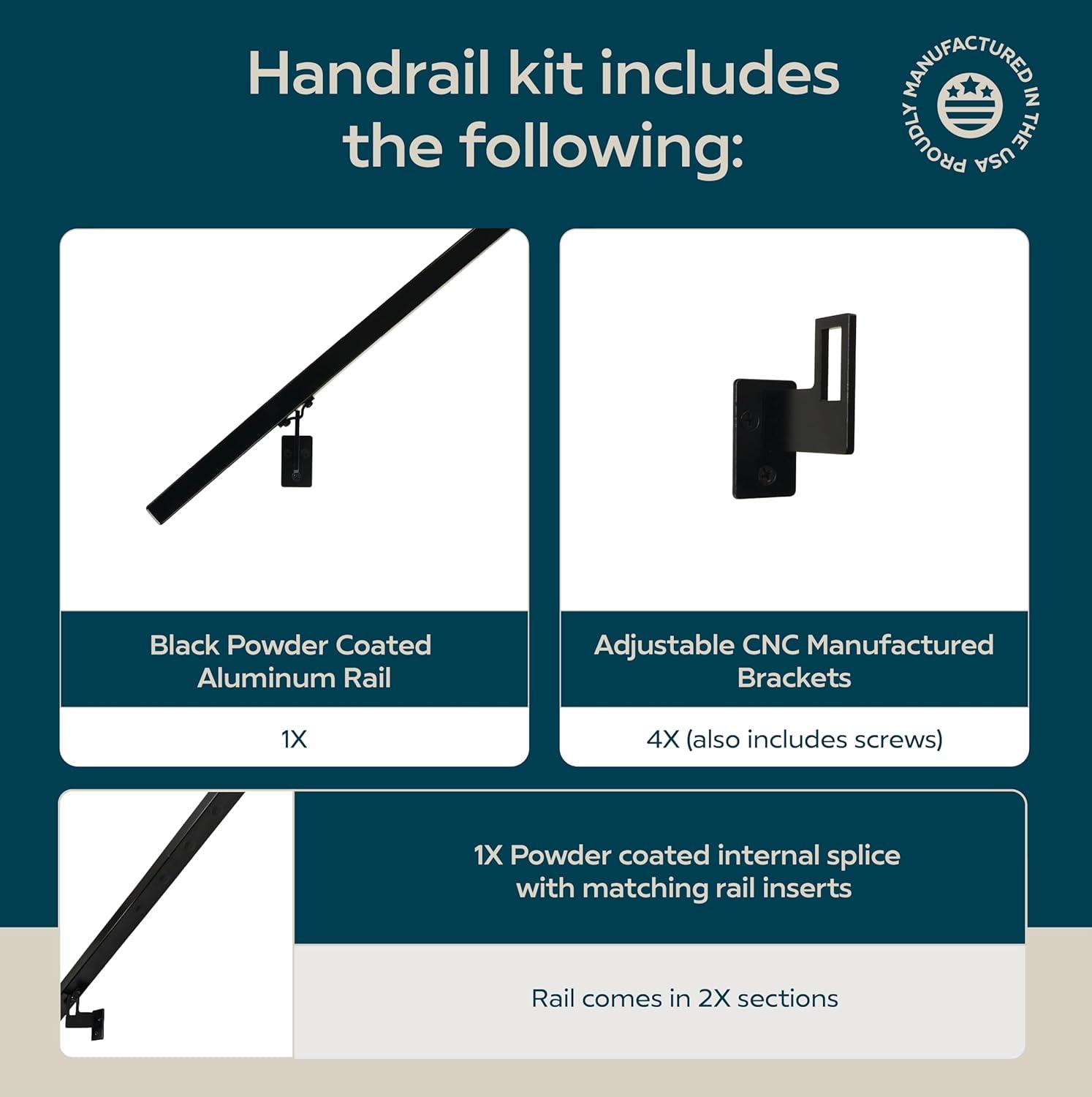 Modern Aluminum Handrail Grab Bar Kit, Adjustable Steel Brackets, Returns to Wall, Powder Coat