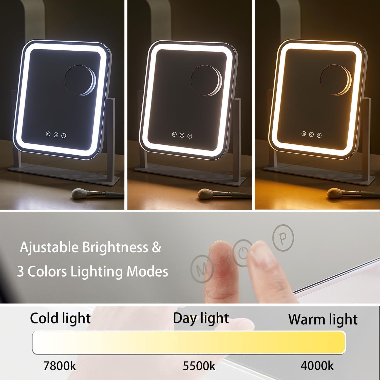 HIEEY Lighted Makeup Mirror, Hollywood Vanity Mirror with Lights, Three Color Lighting Modes, and 5X Magnification Mirror, Smart Touch Control, 360°Rotation (14.1in,White,Gift Box)