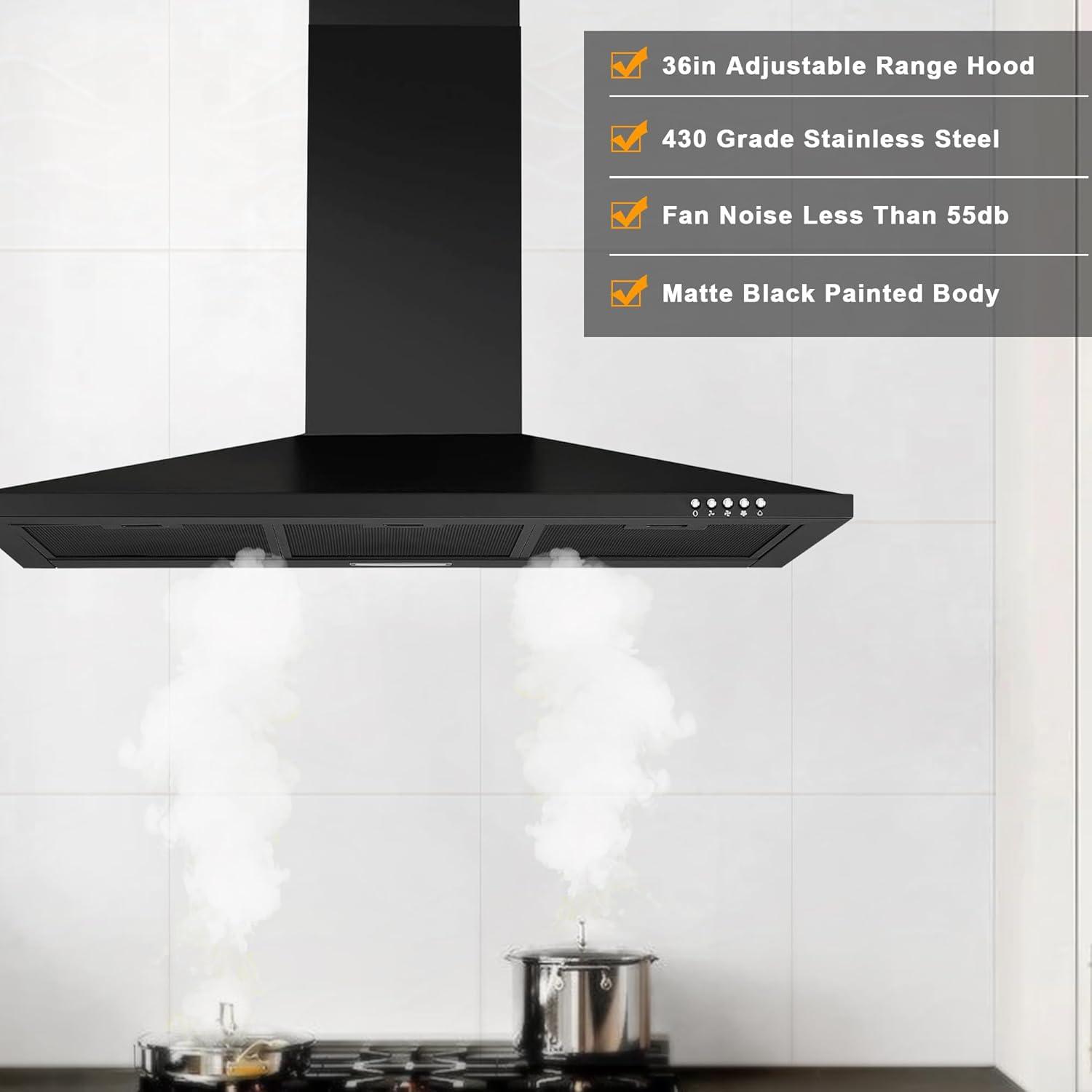 36 Inch Black Range Hood, 450 CFM Stainless Steel Wall Mount Kitchen Hood with Ducted Ductless Convertible, Button Control Over Stove Vent Hood with 3 Speed Noiseless Fan, LED Light (450CFM)