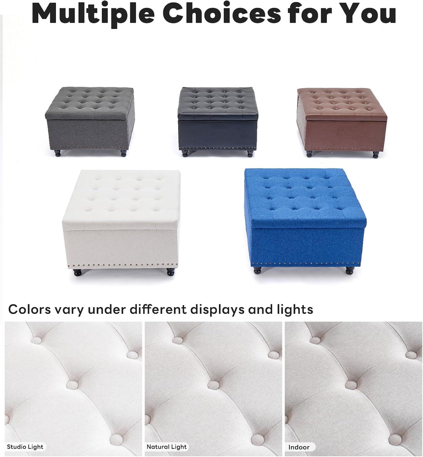 Tbfit Large Square Storage Ottoman Bench, Botton Tufted Upholstered Coffee Table with Wooden Legs, Oversized Storage Ottomans Toy Box Footrest for Living Room, Apartment, Beige