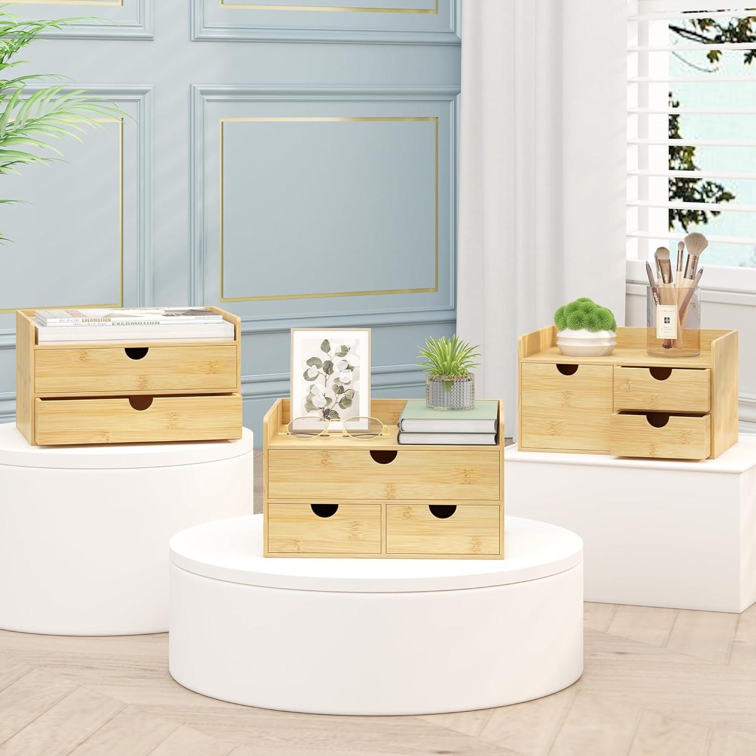 Bamboo Desk Drawer Organizer, 2 Drawer Desktop Organizer with Drawers Tabletop Storage Organization Box for Office Home Toiletries Supplies Vanity, No Assembly Required