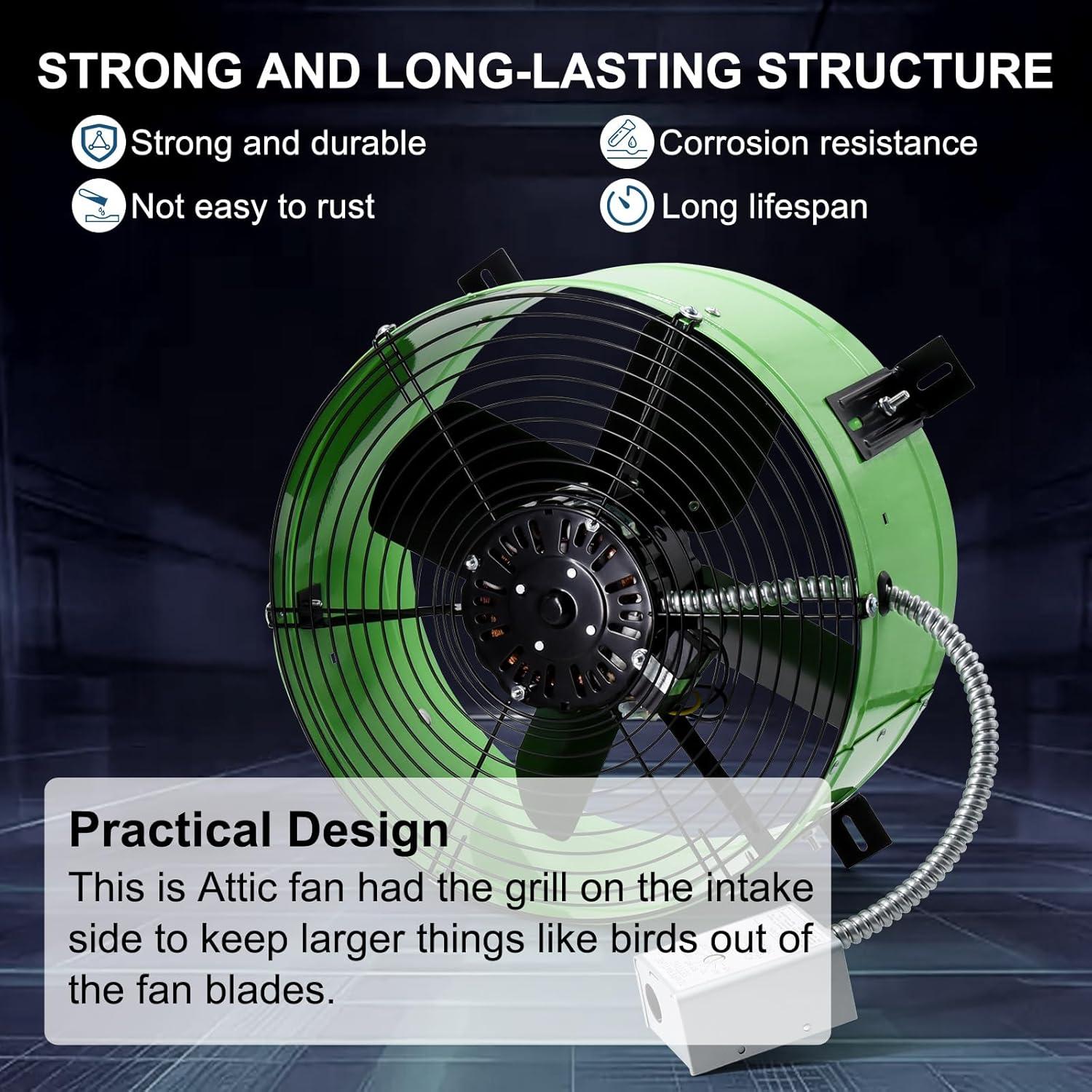Criditpid 15" Gable Mount Vent Attic Fan, Exhaust Ventilation Fan with Adjustable Thermostat for Gable, Home, Shed, Garage, Portable Building, 3.4A, 1300CFM, 1075RPM, 1850 Sq.Ft Coverage Area.