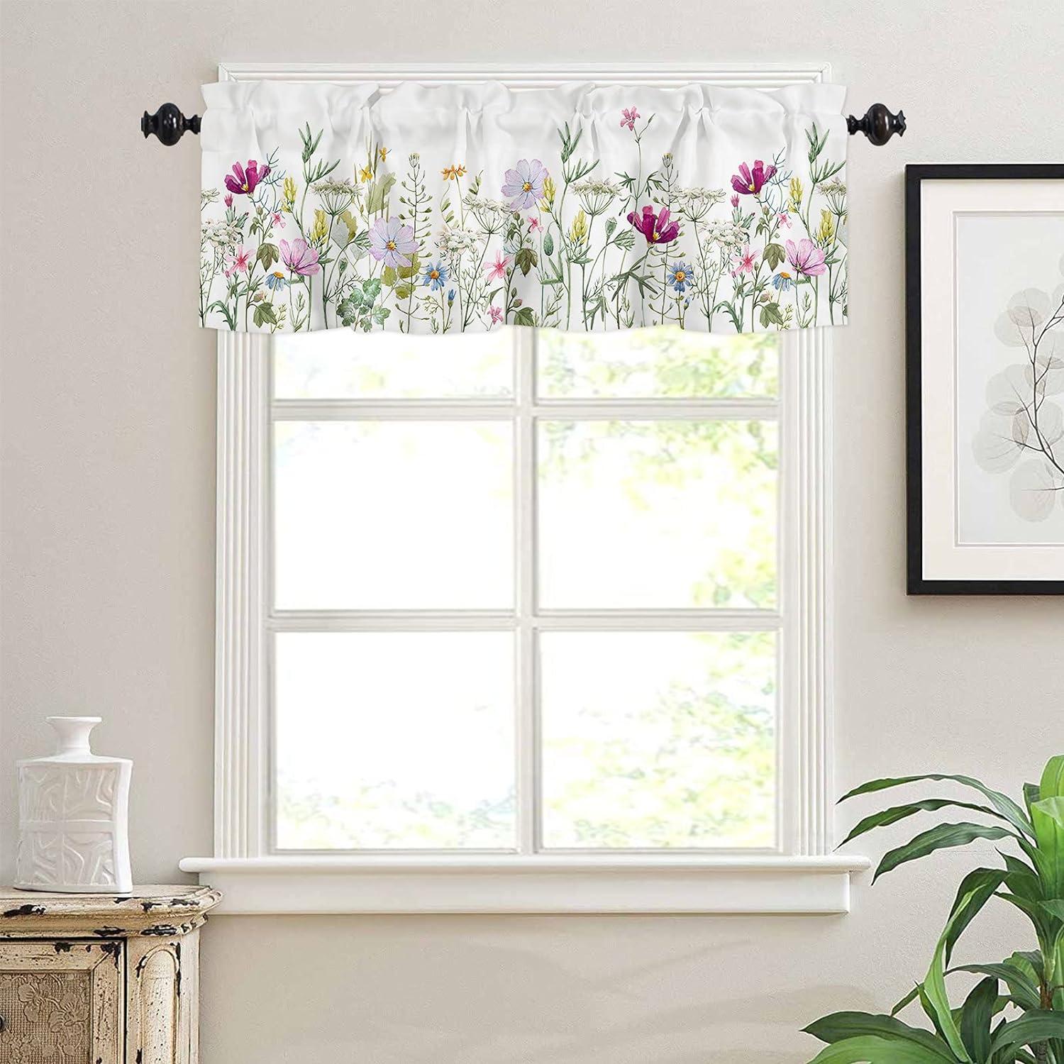 Spring Watercolor Floral Print Valance with Rod Pocket, 54" x 18"