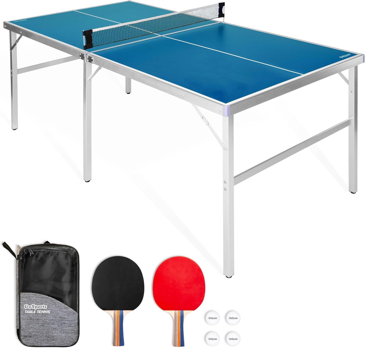 GoSports 6 Ft x 3 Ft Mid-Size Table Tennis Game Set - Indoor/Outdoor Portable Table Tennis Game, Includes 2 Paddles and 4 Balls