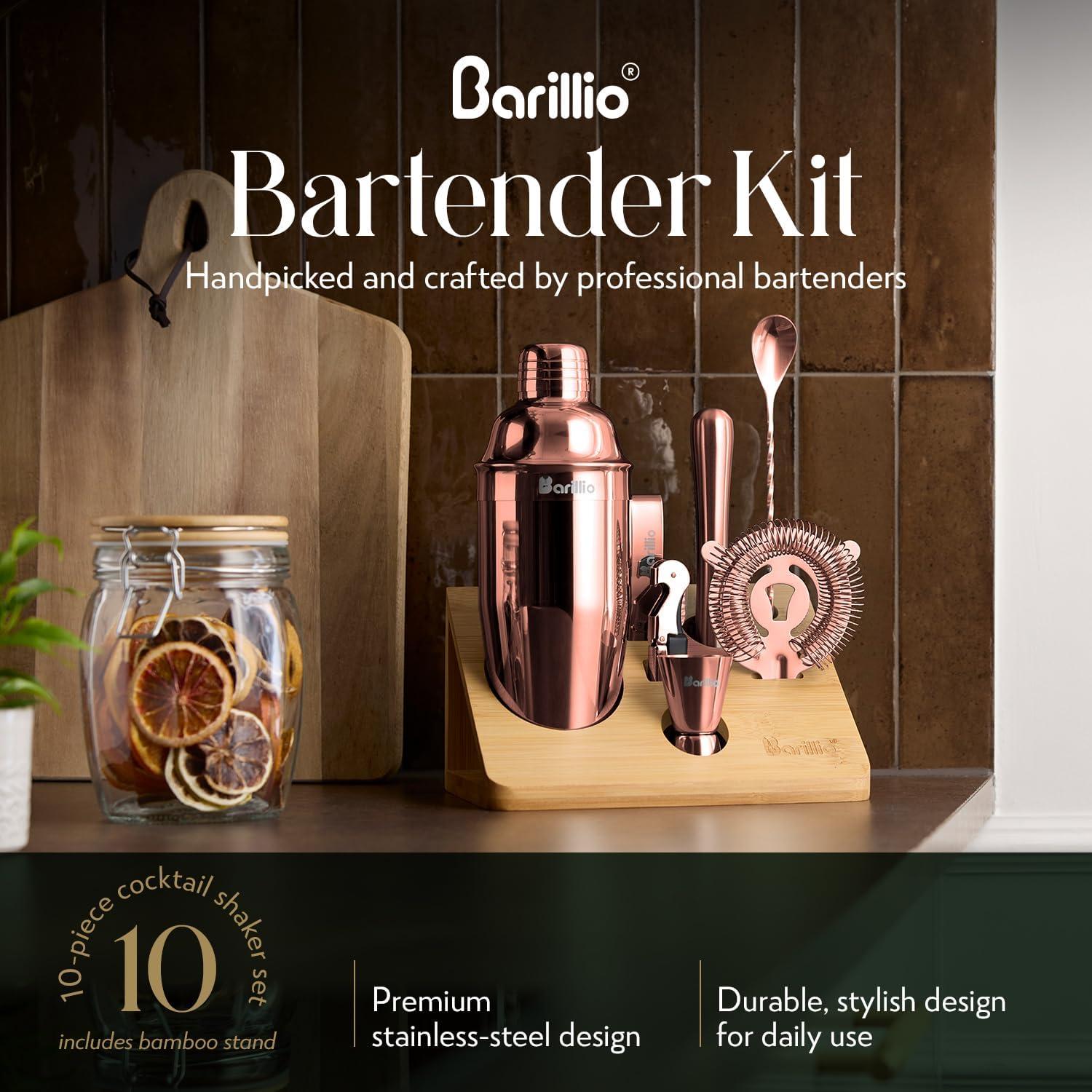 Rose Gold Stainless Steel Bartender Kit with Bamboo Stand