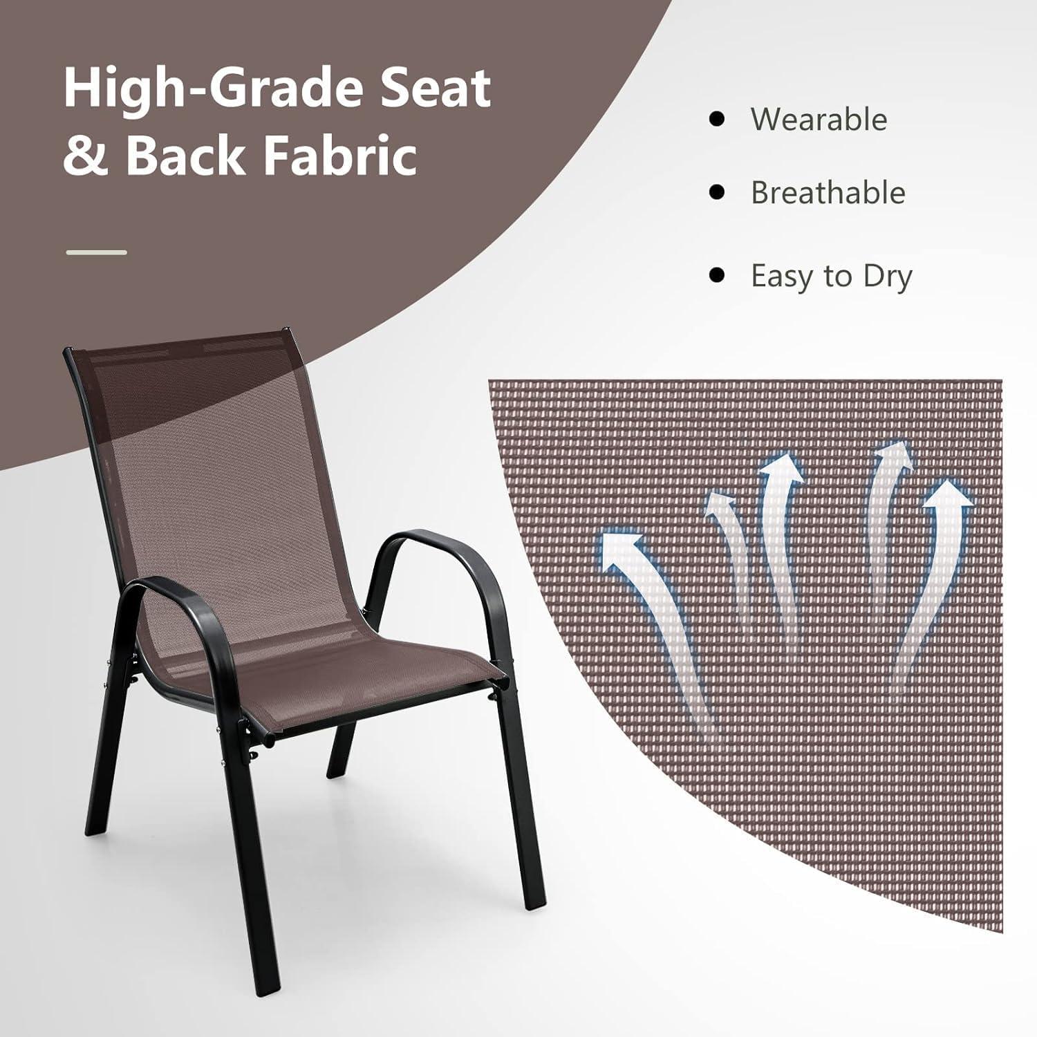 Tangkula 4PCS Patio Stacking Dining Chairs w/ Curved Armrests & Breathable Seat Fabric Brown