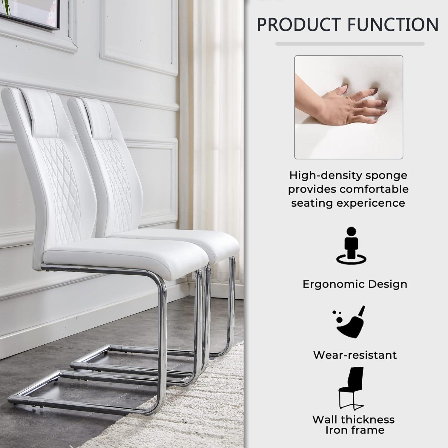 Faux Leather Dining Chairs Set of 4, PU Leather Accent Chairs with Backrest, Metal Legs, 4pcs Armless Parsons Chair for Bed Room,Kitchen, Living Room, White+Silver