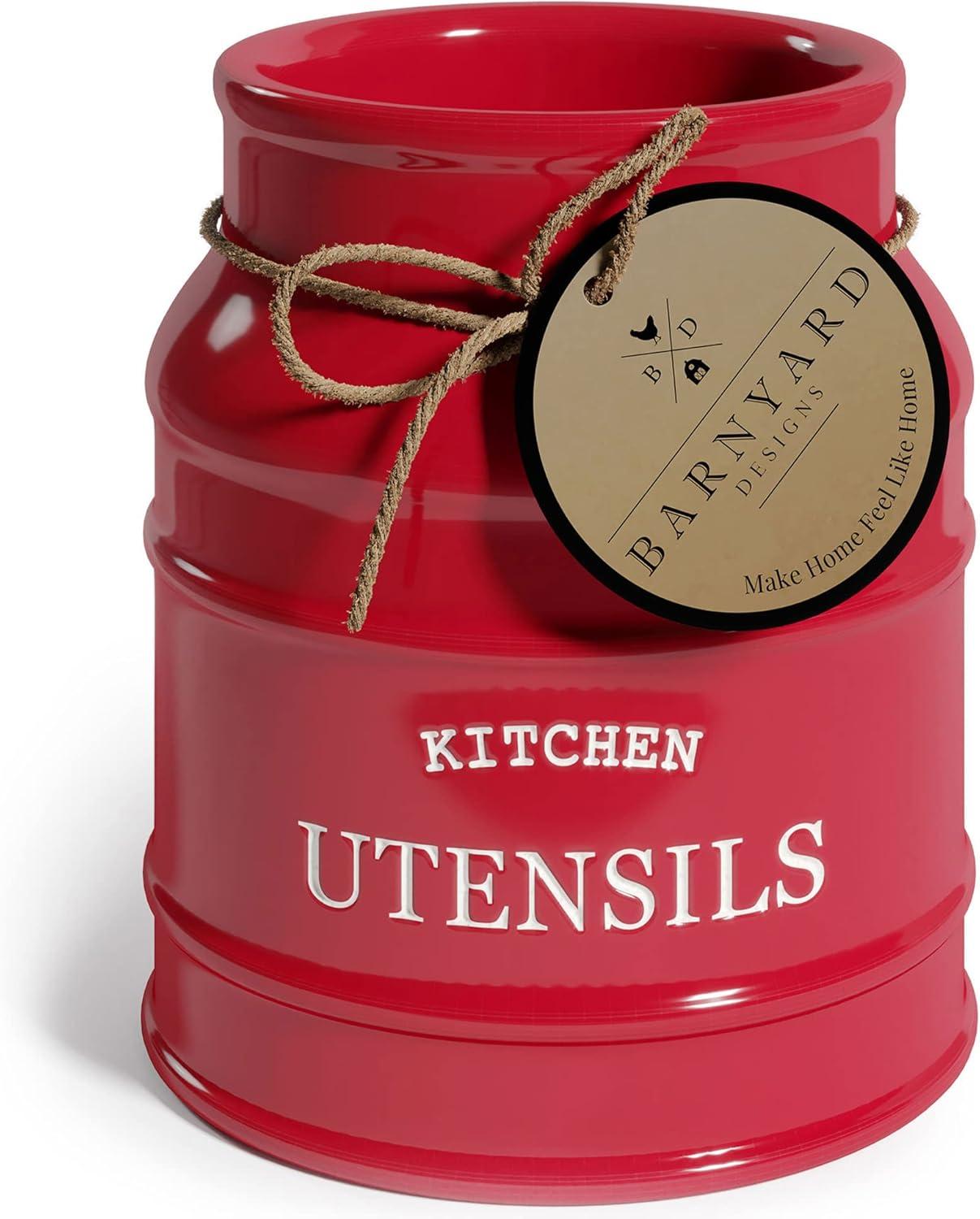 Anadea Ceramic Farmhouse Utensil Holder for Kitchen Counter, Large Rustic Utensil Crock