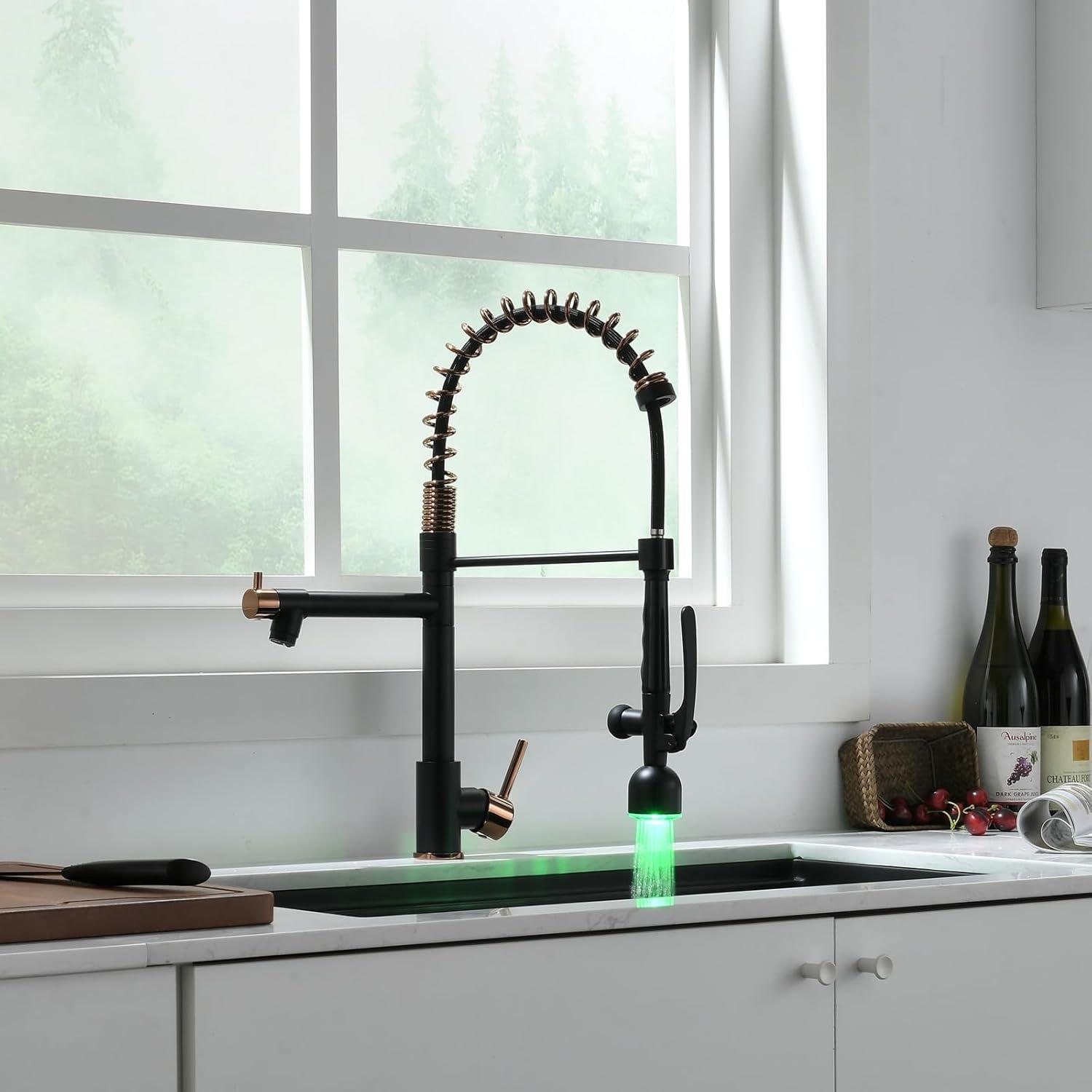 Matte Black and Rose Gold Pull Down Kitchen Faucet with LED Light