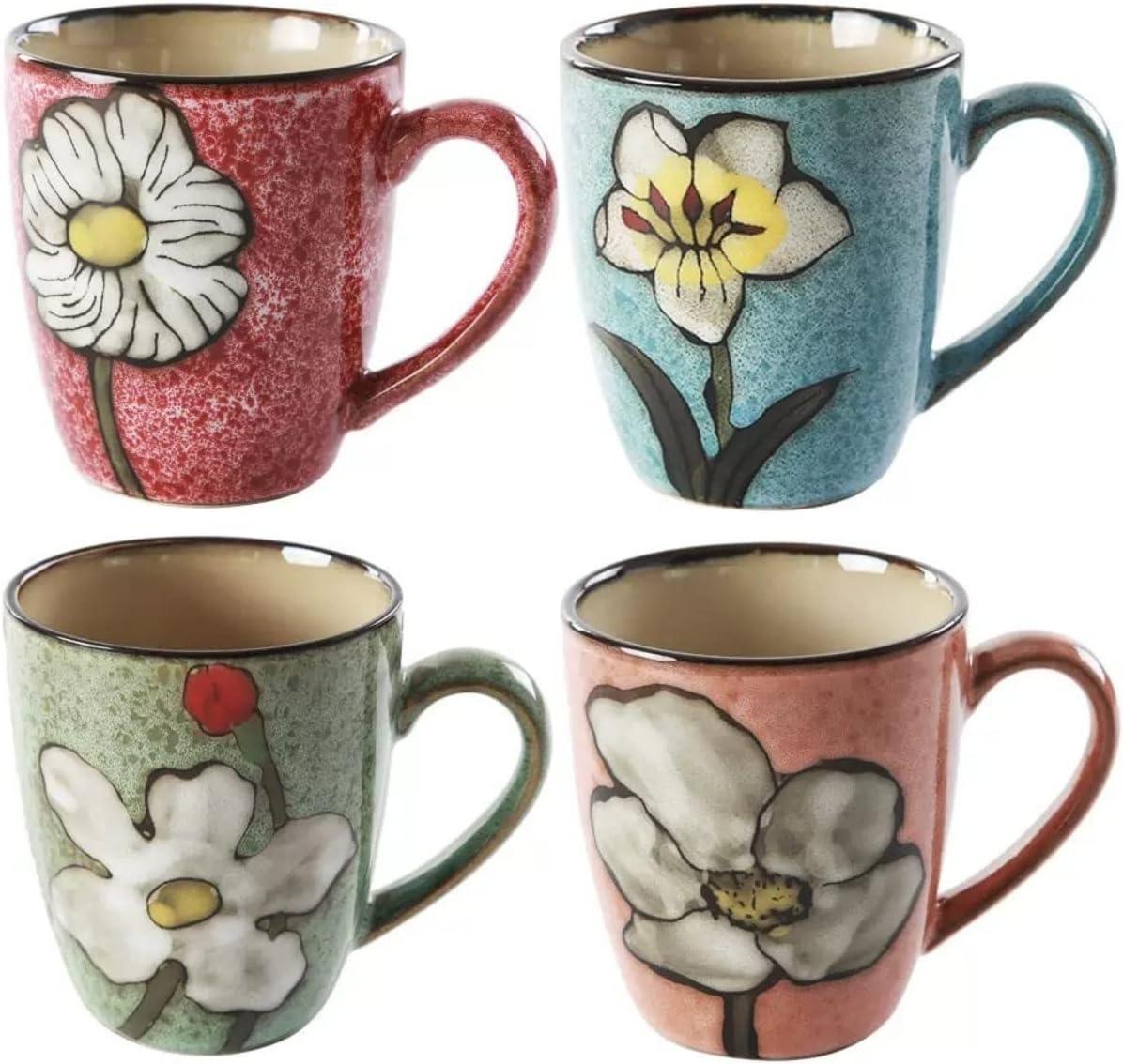 Floral Kiln Glazed Ceramic Mugs Set of 4