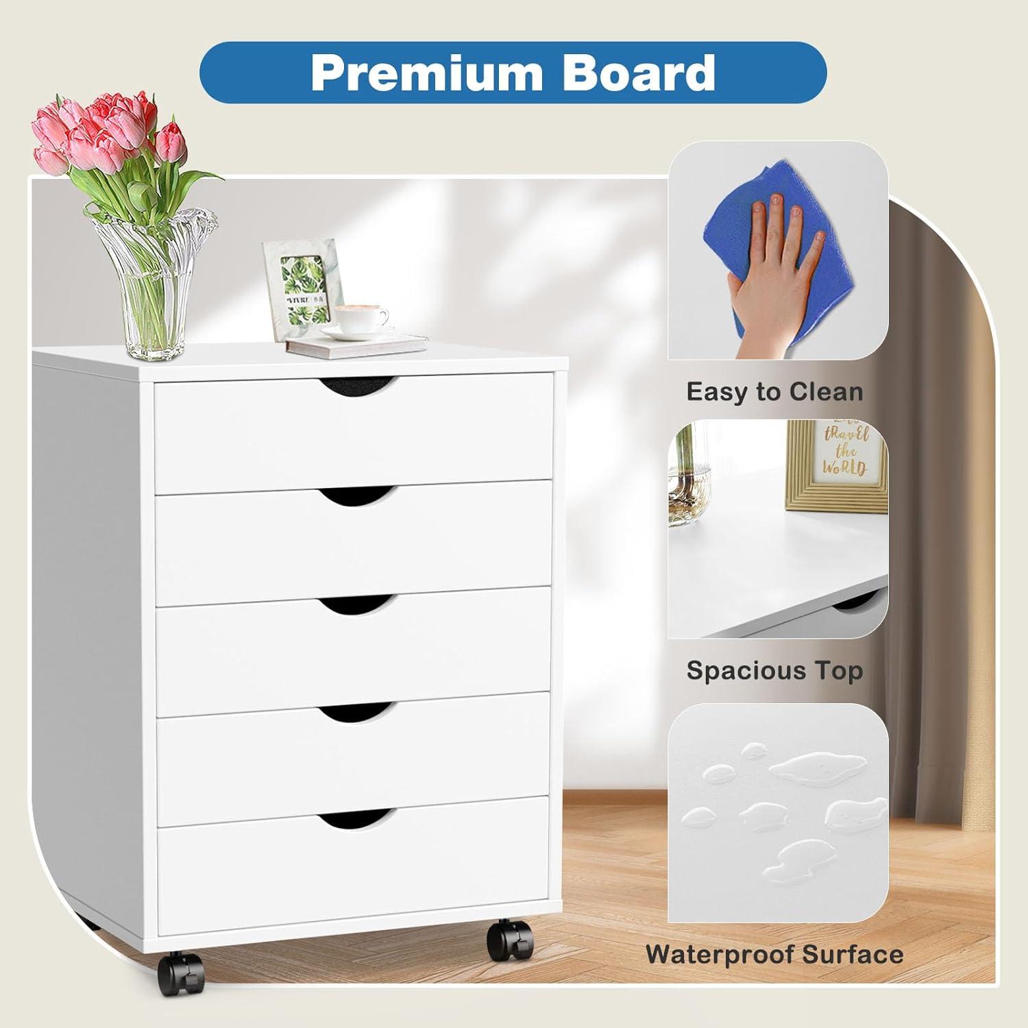 5 Drawer Dresser, Chest Dressers with Wheels, Wood Storage Cabinet for Bedroom, Home, Office Organization, White