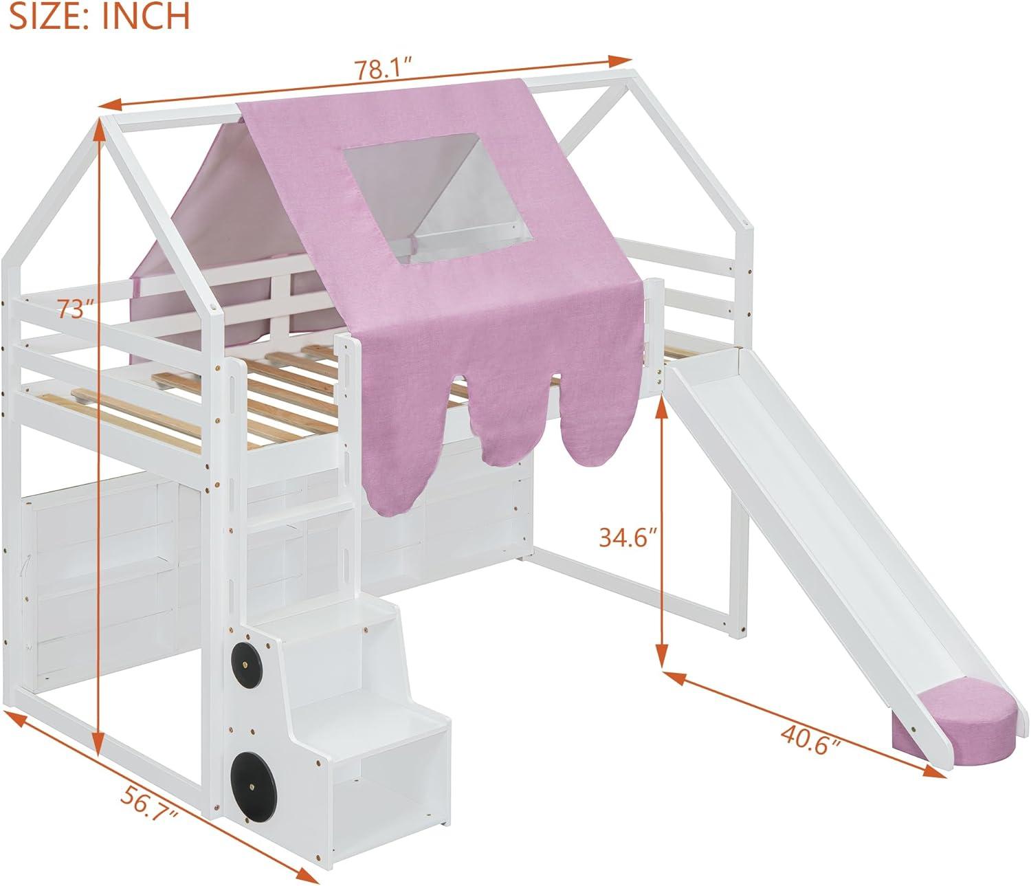 Twin Size Loft Bed, House Shaped Solid Wood Loft Bed with Tent, Slide and Functional Ladder for Kids, Girls & Boys (White+Pink, Twin)