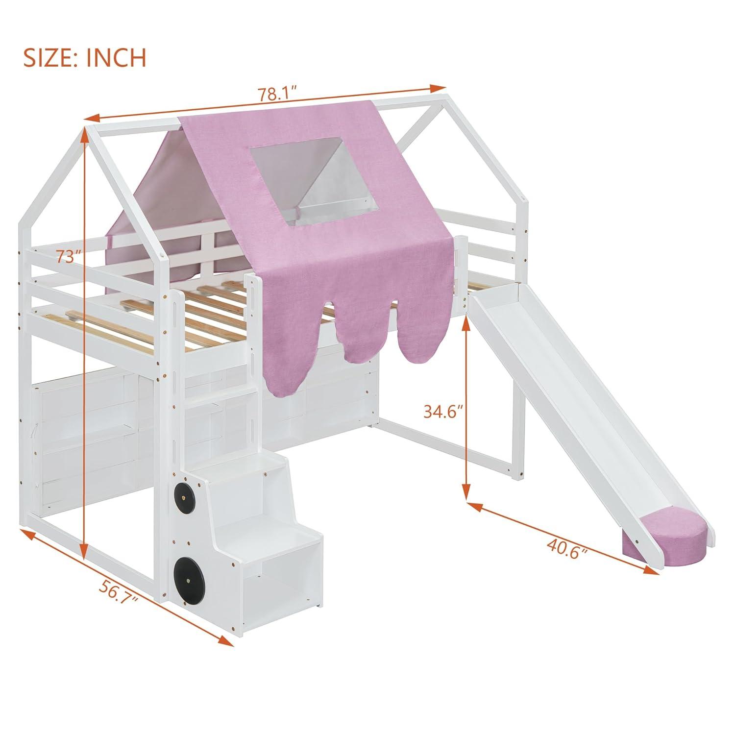 Twin Size Loft Bed, House Shaped Solid Wood Loft Bed with Tent, Slide and Functional Ladder for Kids, Girls & Boys (White+Pink, Twin)