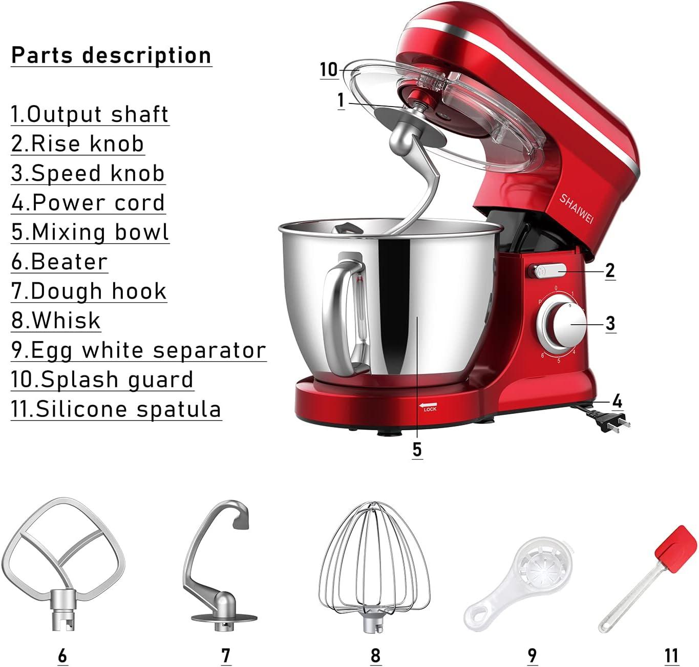 Honinst 6.5 qt Stand Mixer, Red with Dough Hook, Whisk, Beater, Bowl