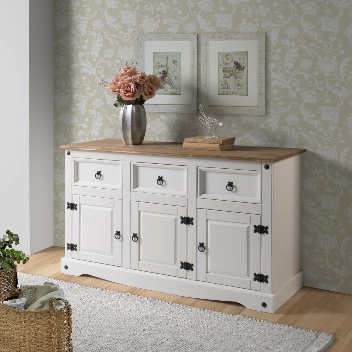 Distressed White Pine Wood Cottage Sideboard with Antique Brown Top