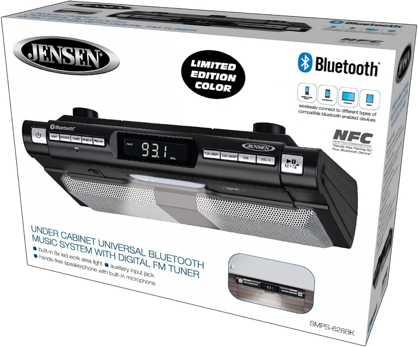 Jensen Modern Wireless Under Cabinet Kitchen Universal Bluetooth Music System, FM Radio, Clock LCD Digital Display, Built-in Hands-Free Mic & Speakers (Includes Mounting Hardware)