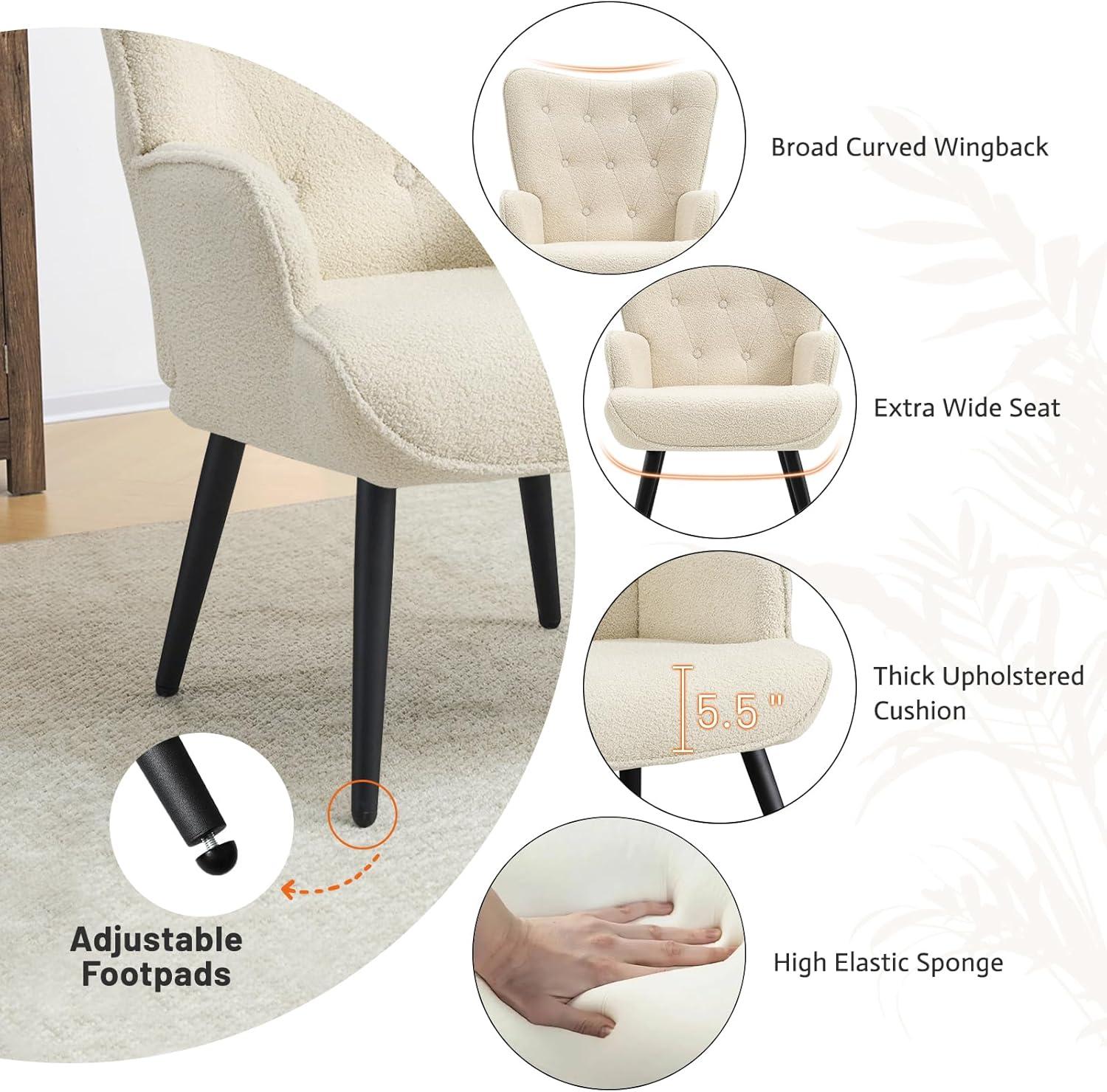 Furniliving Tufted Button Wingback Chair Upholstered Sherpa Accent Chair with Wide Arm Modern Leisure Club Chair, Lvory white