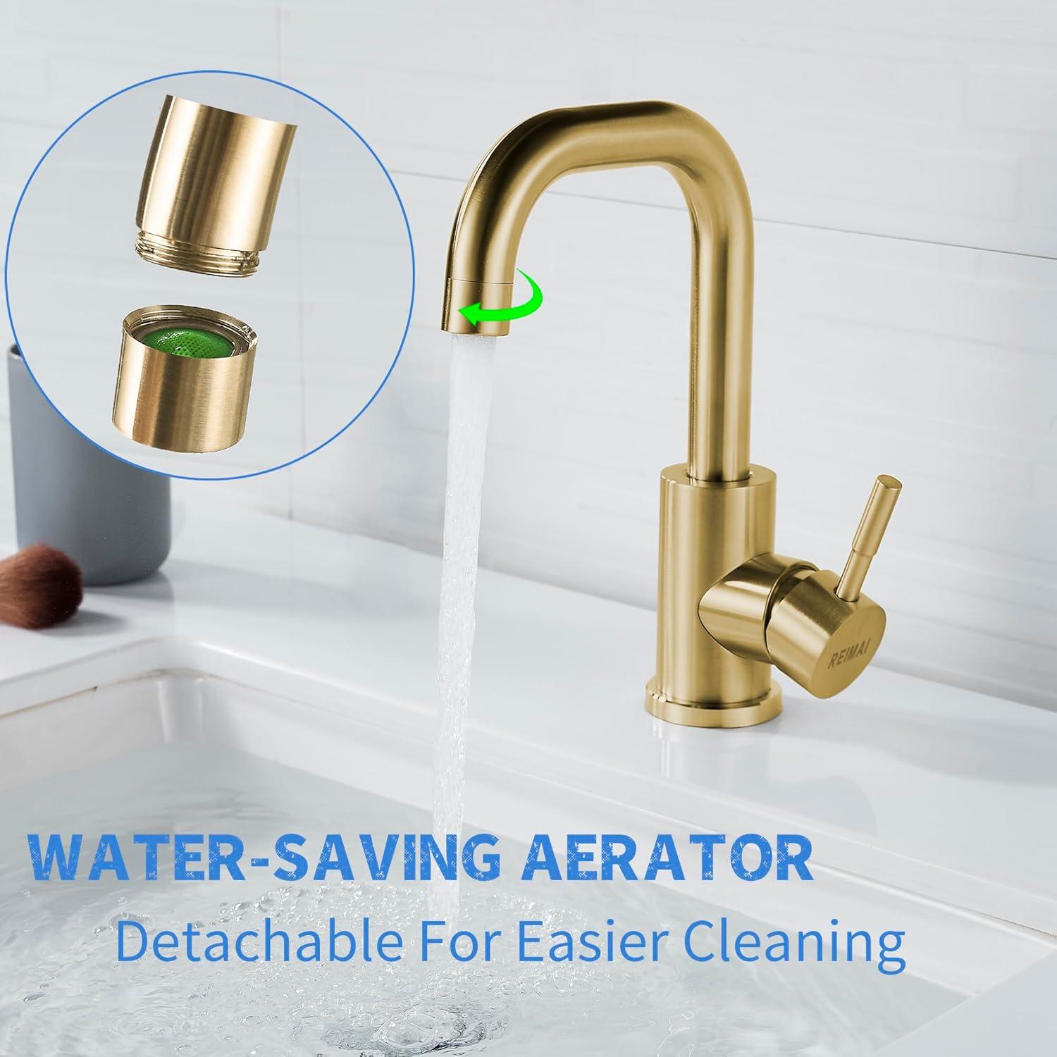 Single Hole Bathroom Sink Faucet Brushed Gold, Modern Single Handle Bathroom Faucet Stainless Steel Swivel Spout Commercial RV Bathroom Faucet Wet Bar Faucet