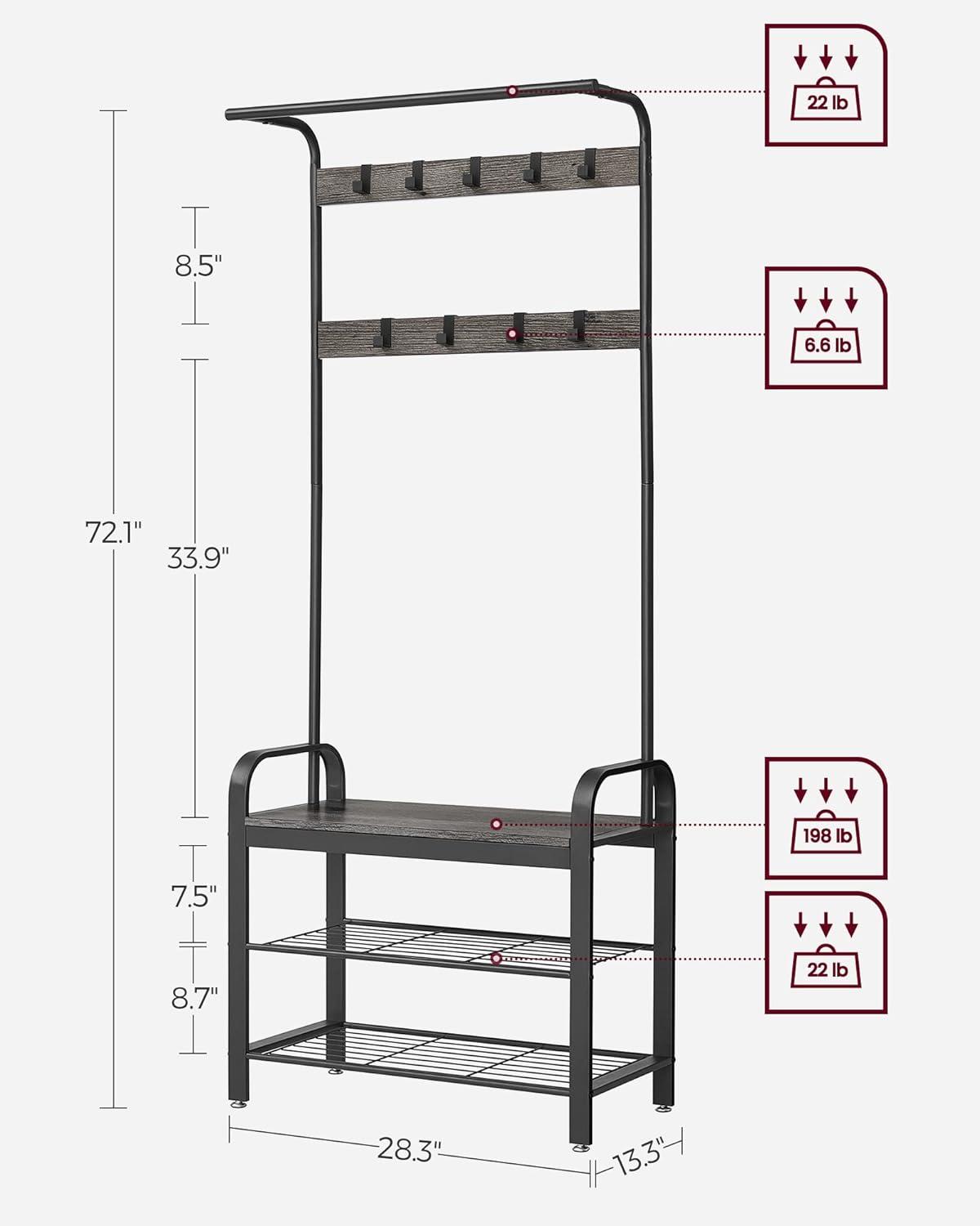 Charcoal Gray and Black Hall Tree with Bench and Hooks