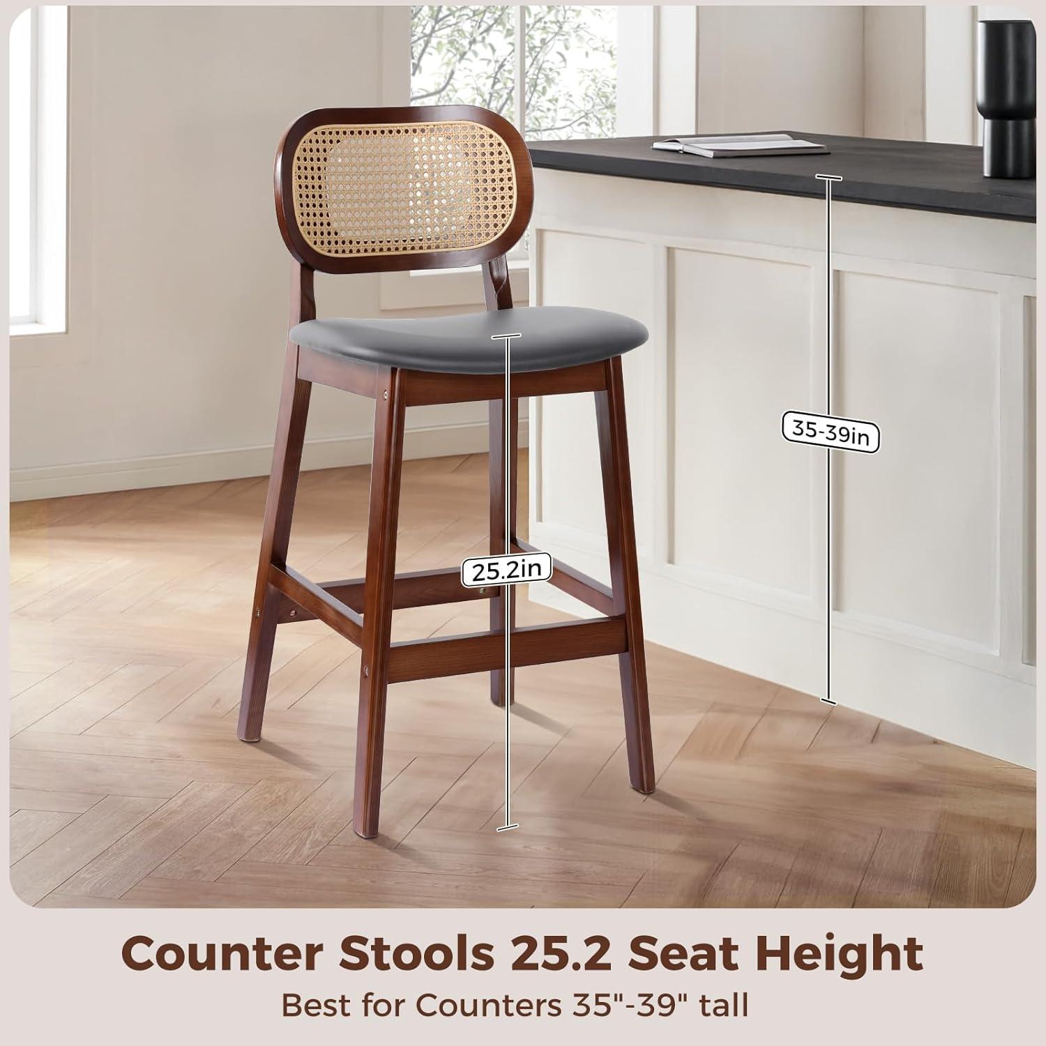 Lucky Monet 25.2" Upholstered Wood Counter Height Bar Stools w/ Rattan Back - 36.81"H x 17.72"W x 18.7"D Set of 3 - White Boucle Fabric/ Natural Frame