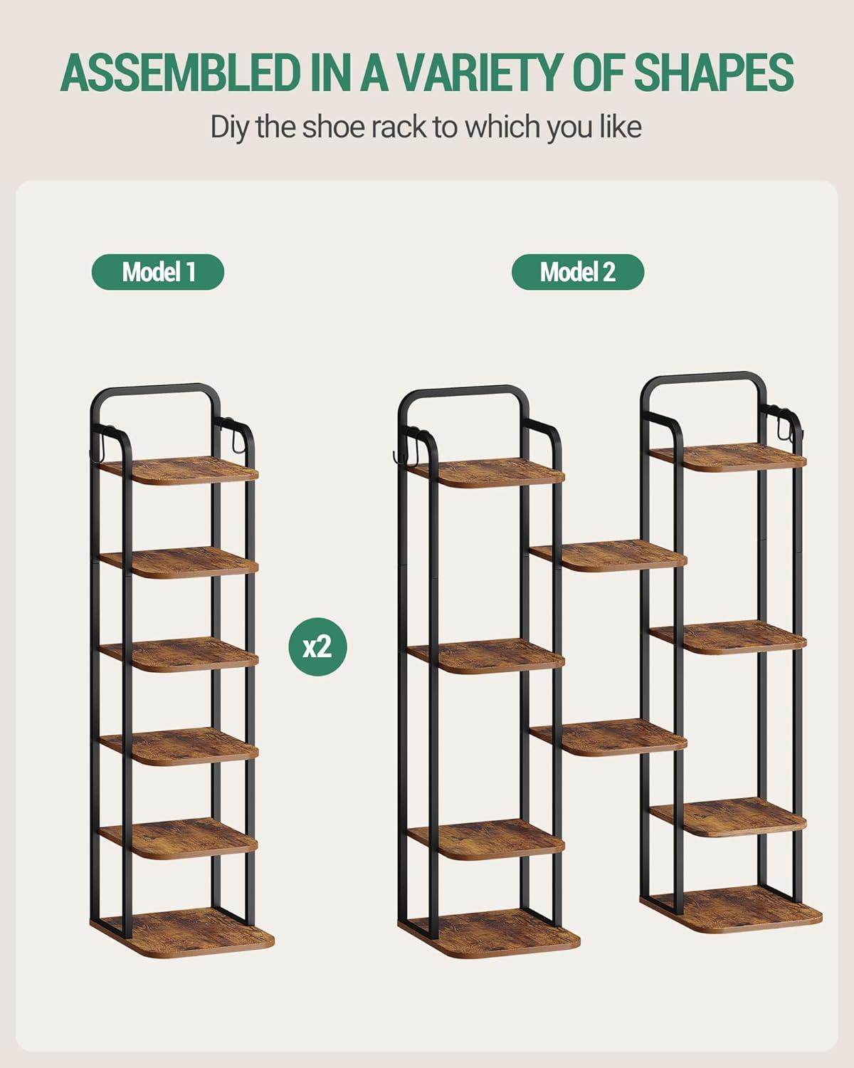 Vertical Shoe Rack, Shoe Shelves, Wood Shoe Organizer For Closet, Entryway, Shoe Tower For Small Spaces, Free Standing, Adjustable, With 2 Hooks, 6 Tier Rustic Brown