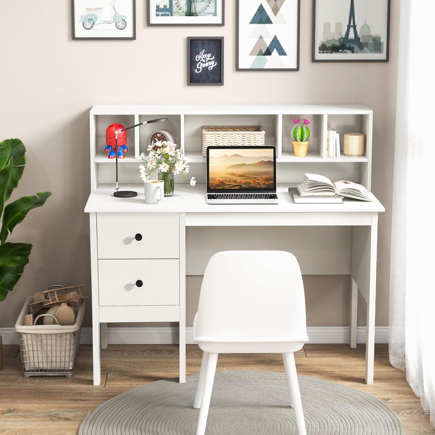 White Desk with Drawers & Hutch, Modern Home Office Desk Writing Study Desk with Charging Station, Laptop Desk with 5 Storage Compartments, Computer Workstation Makeup Vanity Desk