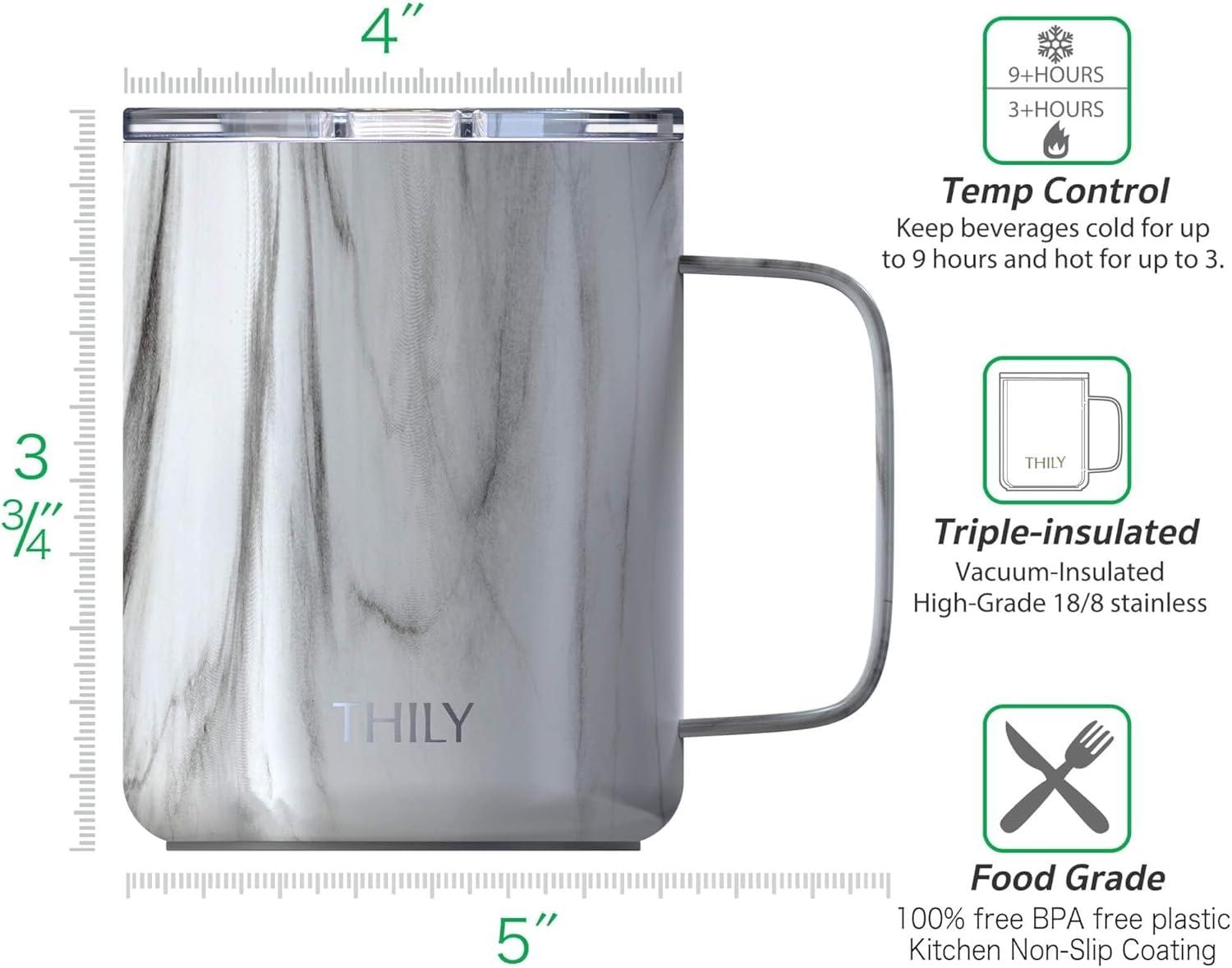 Vacuum Insulated Travel 12 oz Coffee Mug with Handle, THILY Stainless Steel Cup with Spill-Proof Lid, Keep Coffee Cold, Great for Camping, White Marble