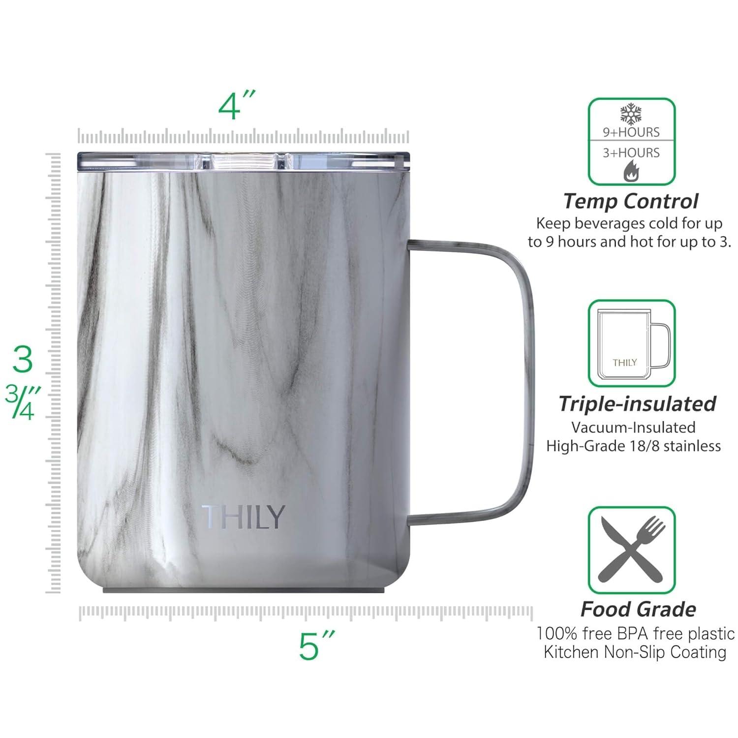 Vacuum Insulated Travel 12 oz Coffee Mug with Handle, THILY Stainless Steel Cup with Spill-Proof Lid, Keep Coffee Cold, Great for Camping, White Marble