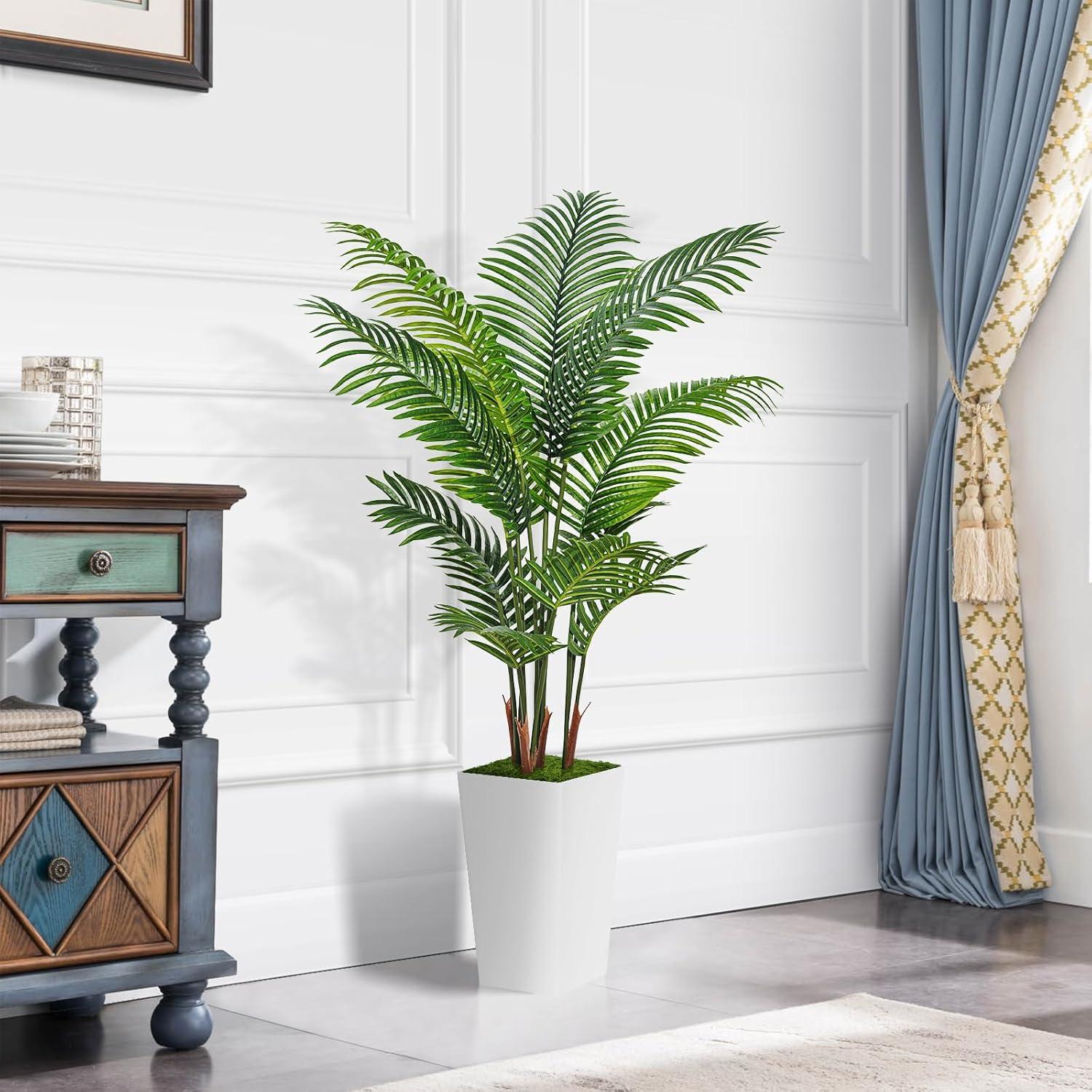 Artificial Palm Tree 5FT - Fake Tree with White Tall Planter - Faux Tropical Floor Plant in Pot - Artificial Silk Plant for Home Office Living Room Decor Indoor