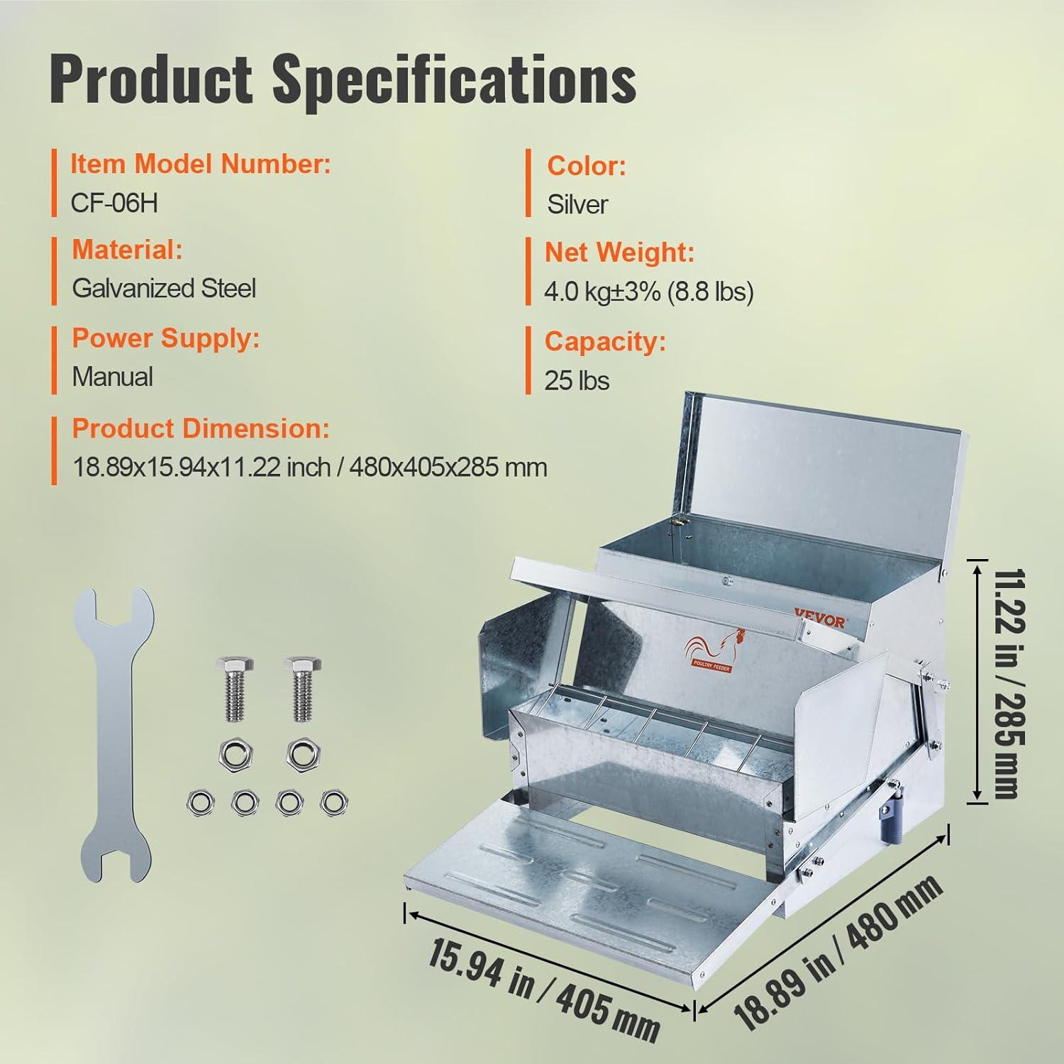 VEVOR Poultry Feeder, 25lbs Capacity, Feed Chicken Feeder with Lid & Lock, Outdoor Coop Food Dispenser, No Waste, Weatherproof Galvanized Metal Feeder for Ducks, Geese