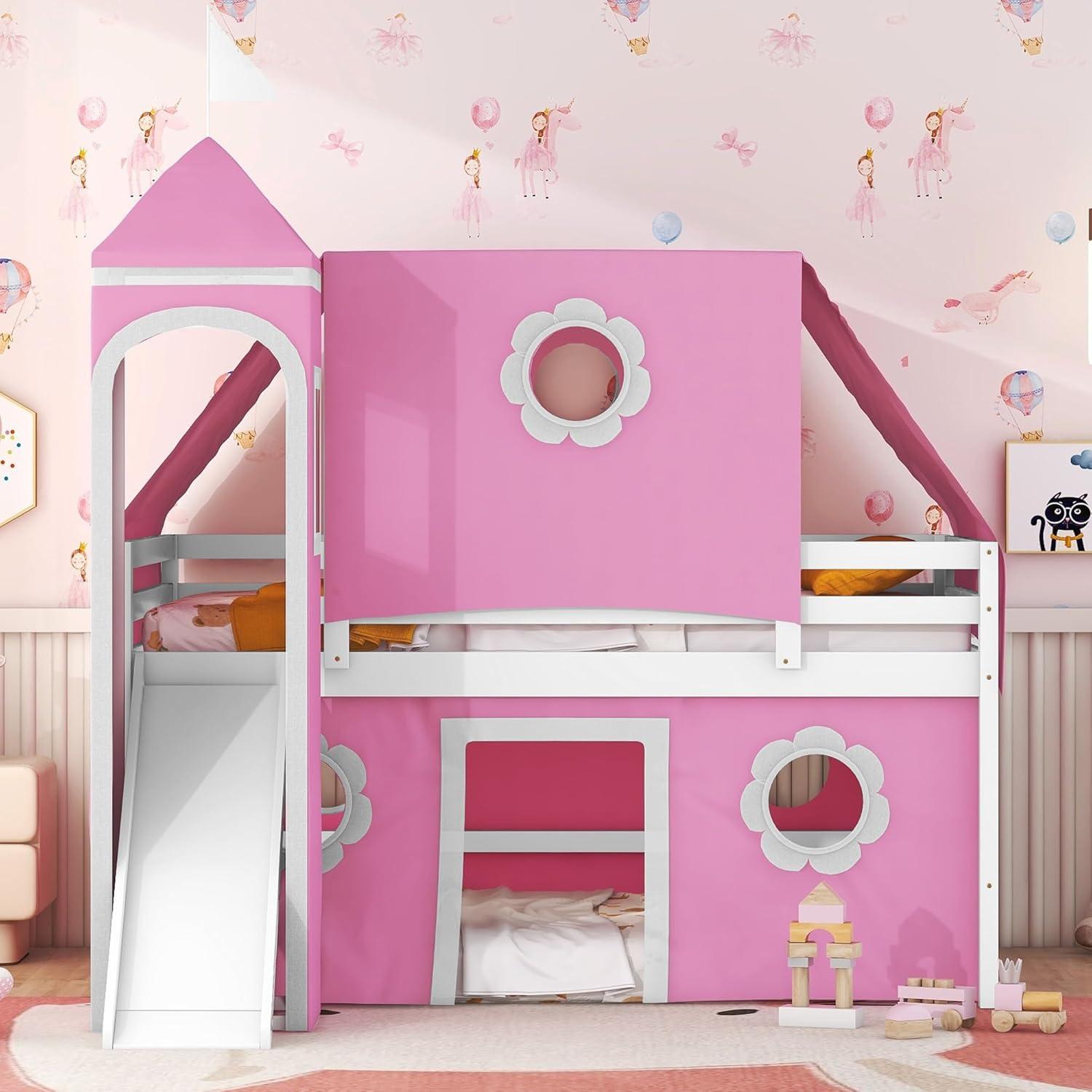 Polibi Full Size Castle Loft Bed with Slide & Pink Tent and Tower, Playhouse Design Spacious Under Bed Space with Curtains, Wood Tent Bed Frame for Kids Boys Girls