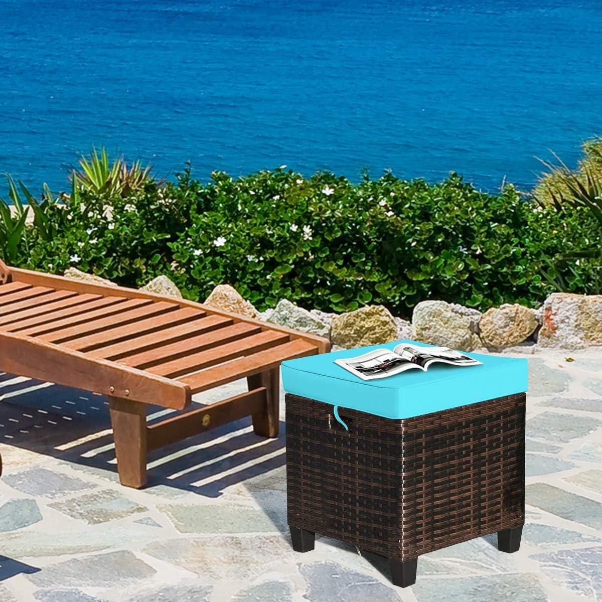 Costway 2PCS Patio Rattan Ottoman Cushioned Seat w/ Foot Rest Turquoise