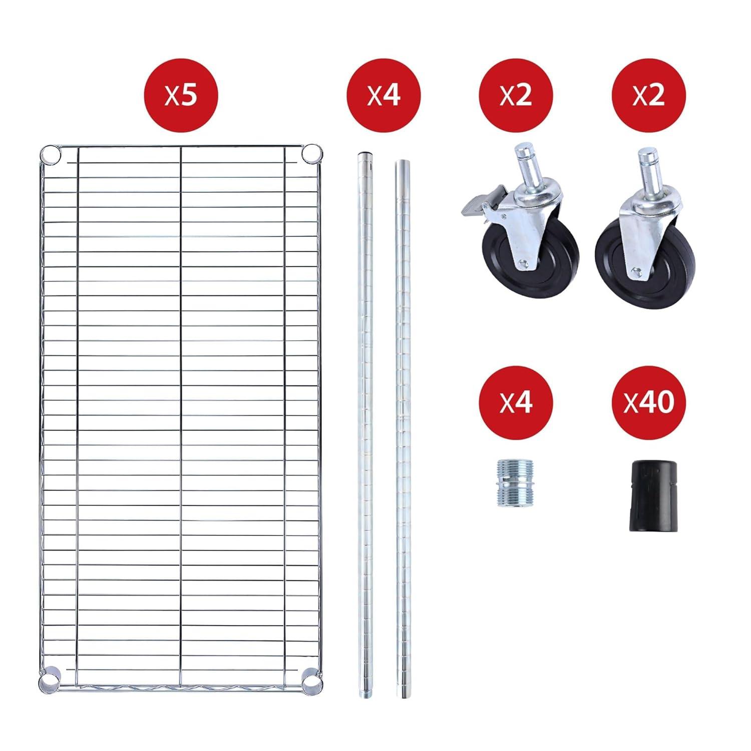 Alera 5-Shelf Wire Shelving Kit with Casters and Shelf Liners, 36w x 18d x 72h, Silver