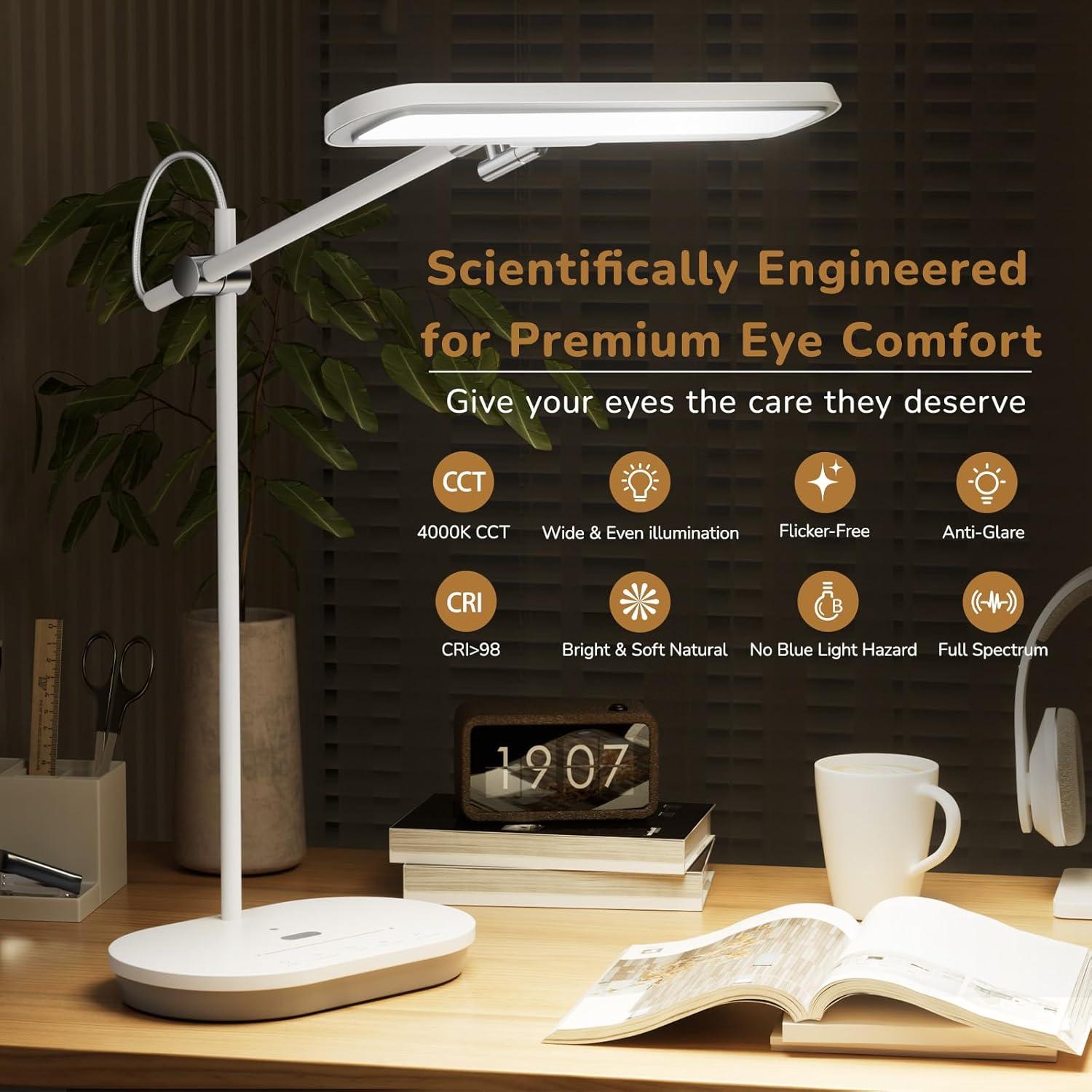 LED Desk Lamp with CRI 98, Advanced Eye-Caring Bright Desk Light for Crafting, Home Office & Kids Studying, Multi-Angle Adjustable, Dimmable Full Spectrum with Touch & Gesture Control
